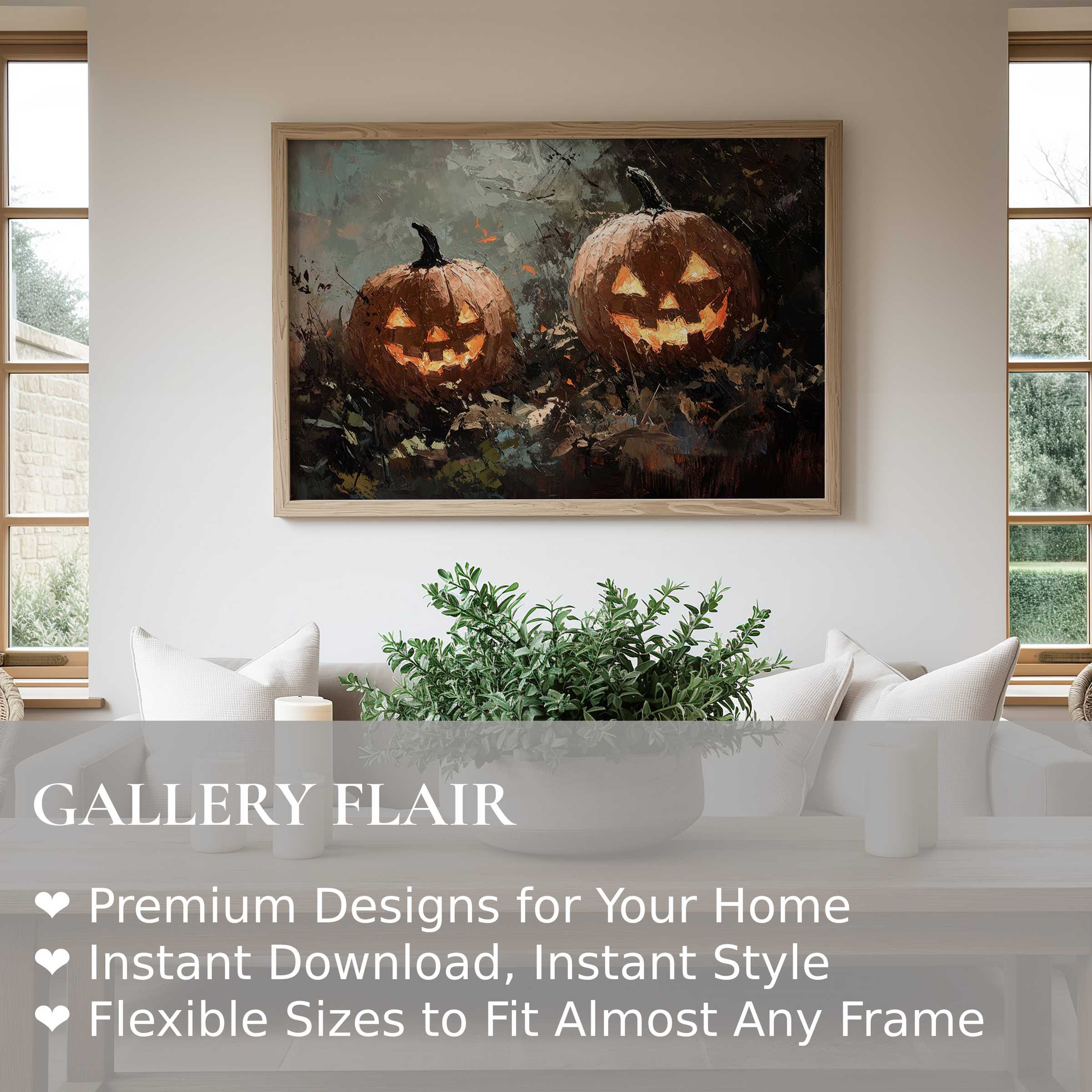 Halloween wall art print featuring warm, glowing jack-o'-lanterns in a moody, textured style, elevating modern minimalist interiors with festive charm