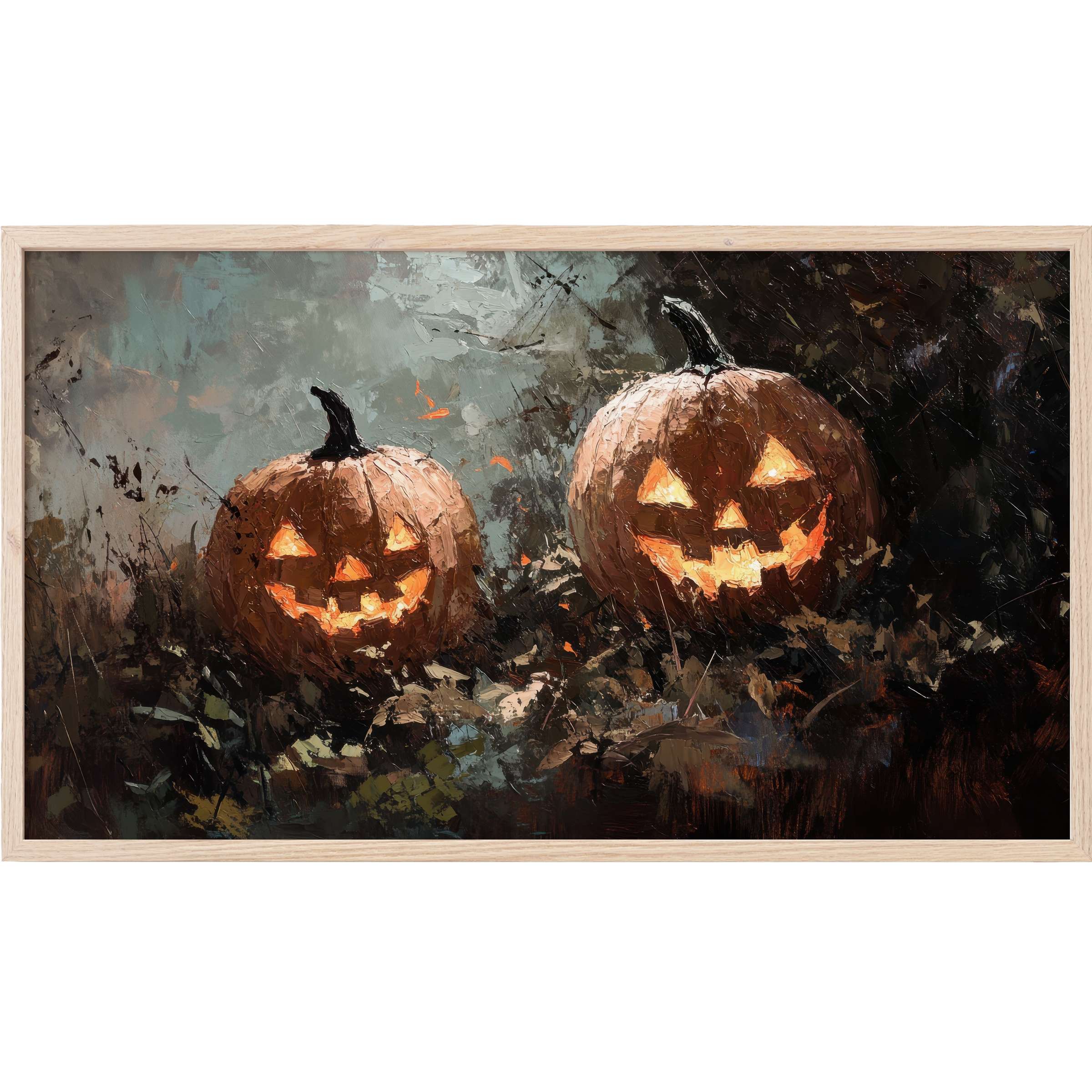 Impressionistic Halloween Frame TV Art featuring glowing jack-o'-lanterns in muted earth tones and textured brushstrokes