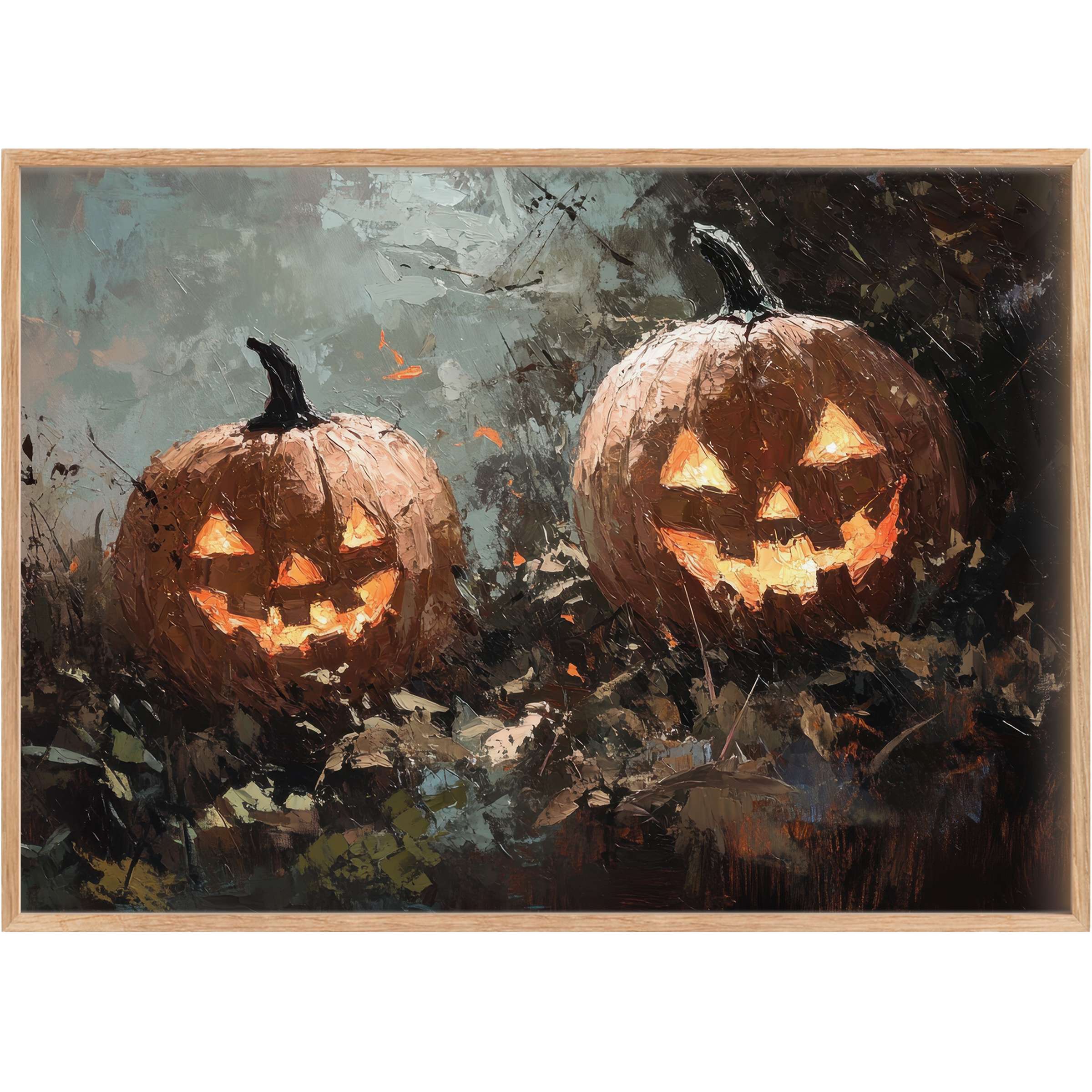 Warm amber glows illuminate rustic jack-o’-lanterns in this halloween printable wall art, evoking a cozy, mysterious autumnal ambiance