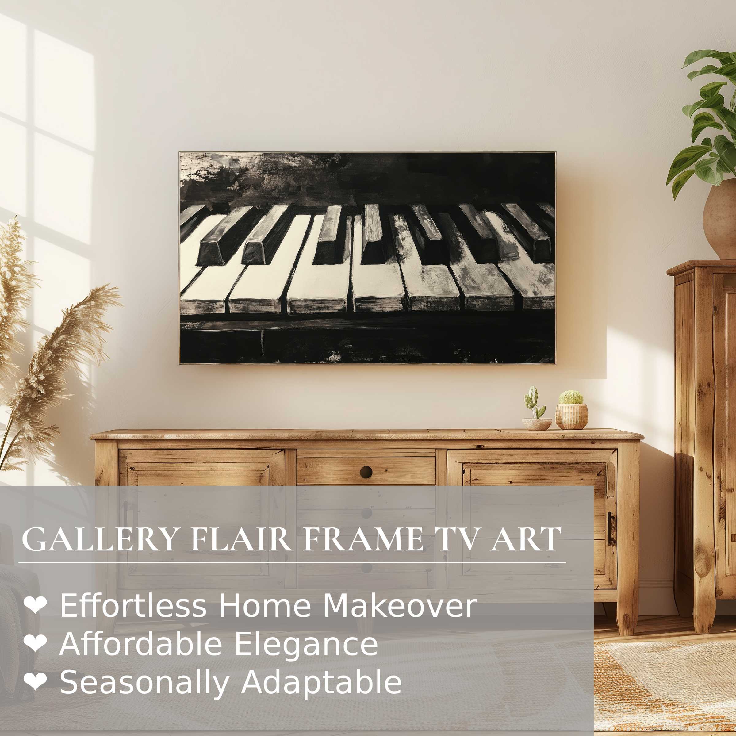 Samsung Frame TV showcasing black and white digital artwork of piano keys in a warm, elegant living space