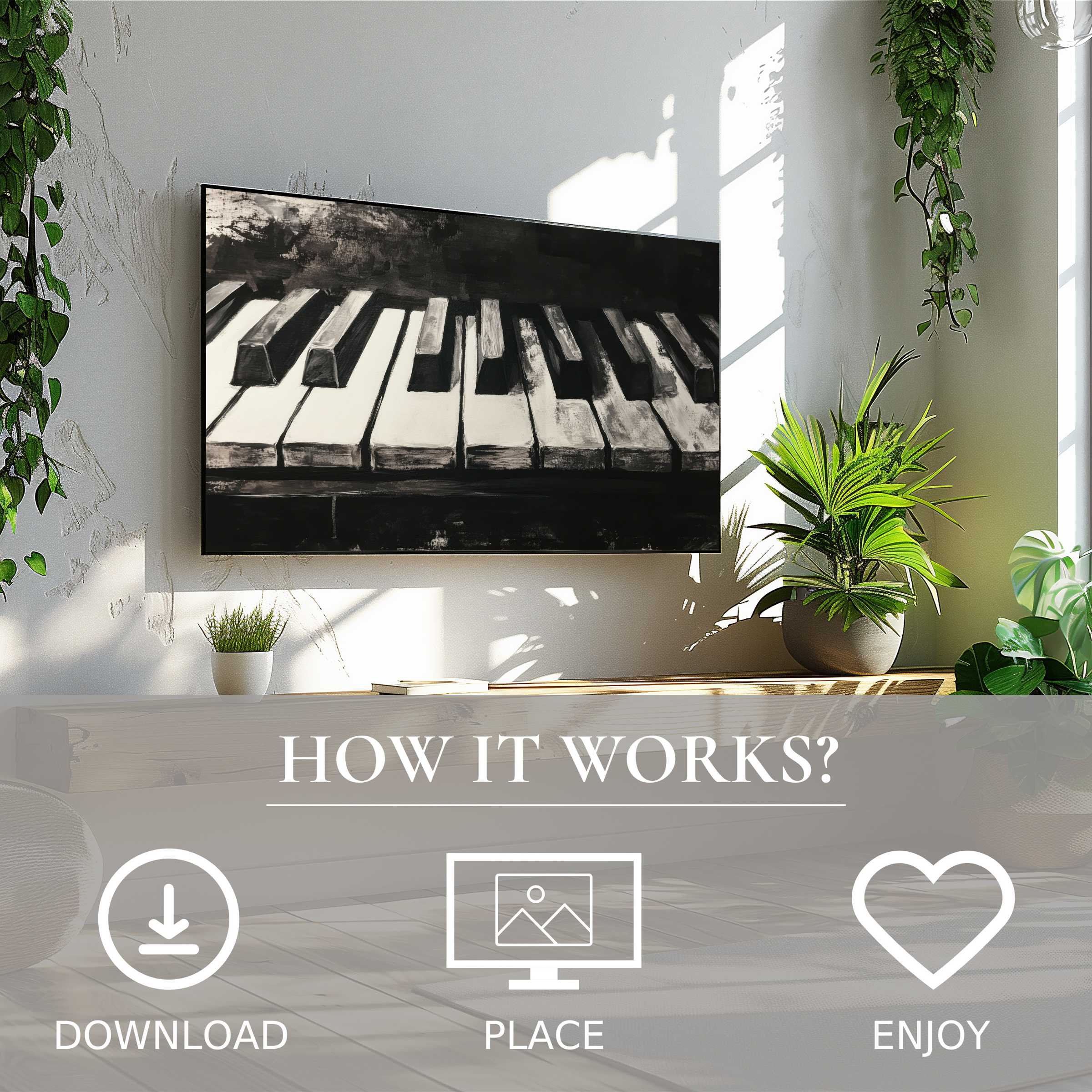 Minimalist black and white art for Samsung TV shows abstract piano keys, easy digital download elevates modern living spaces