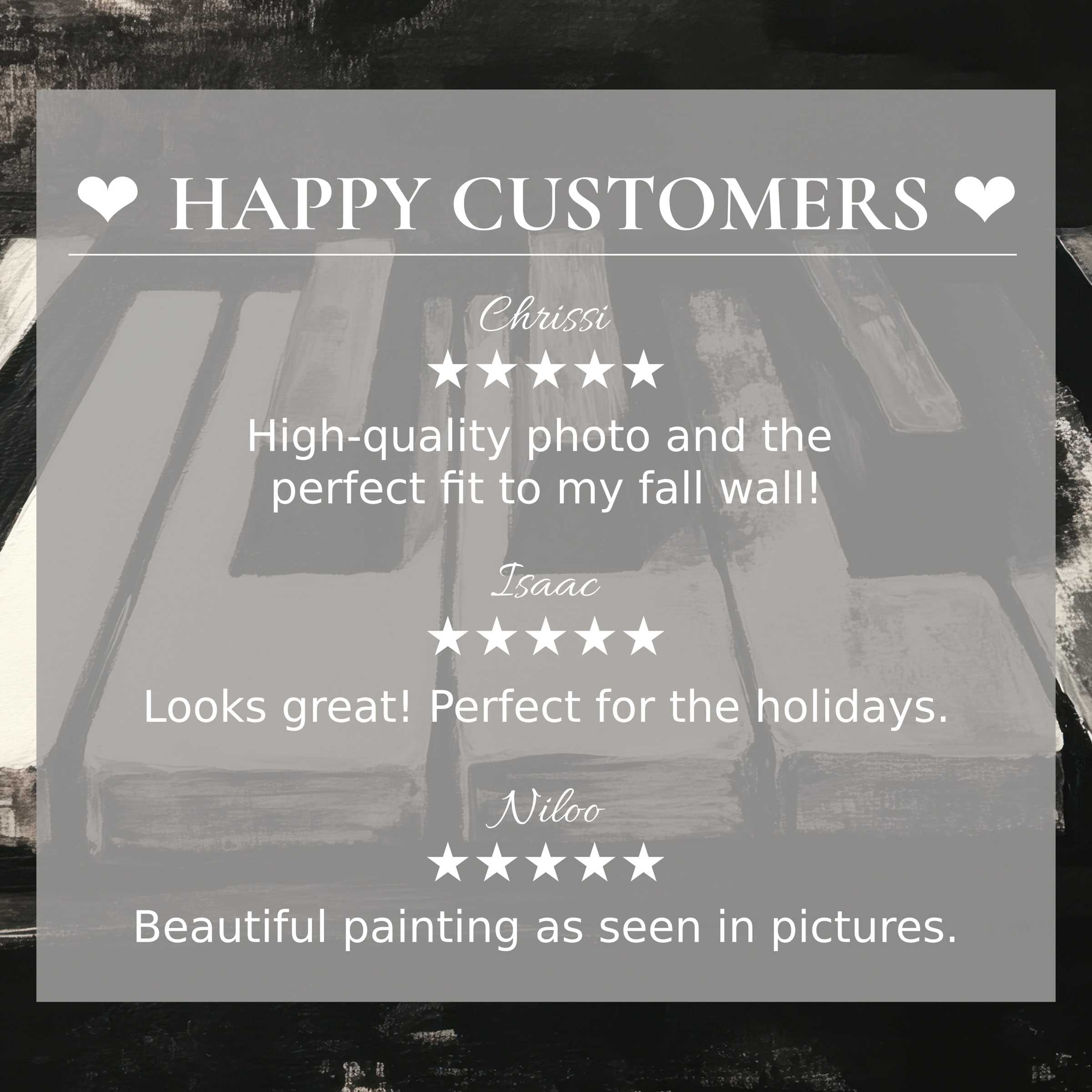 Elegant black and white art for Frame TV with abstract brushstrokes; layout builds trust via happy customer reviews