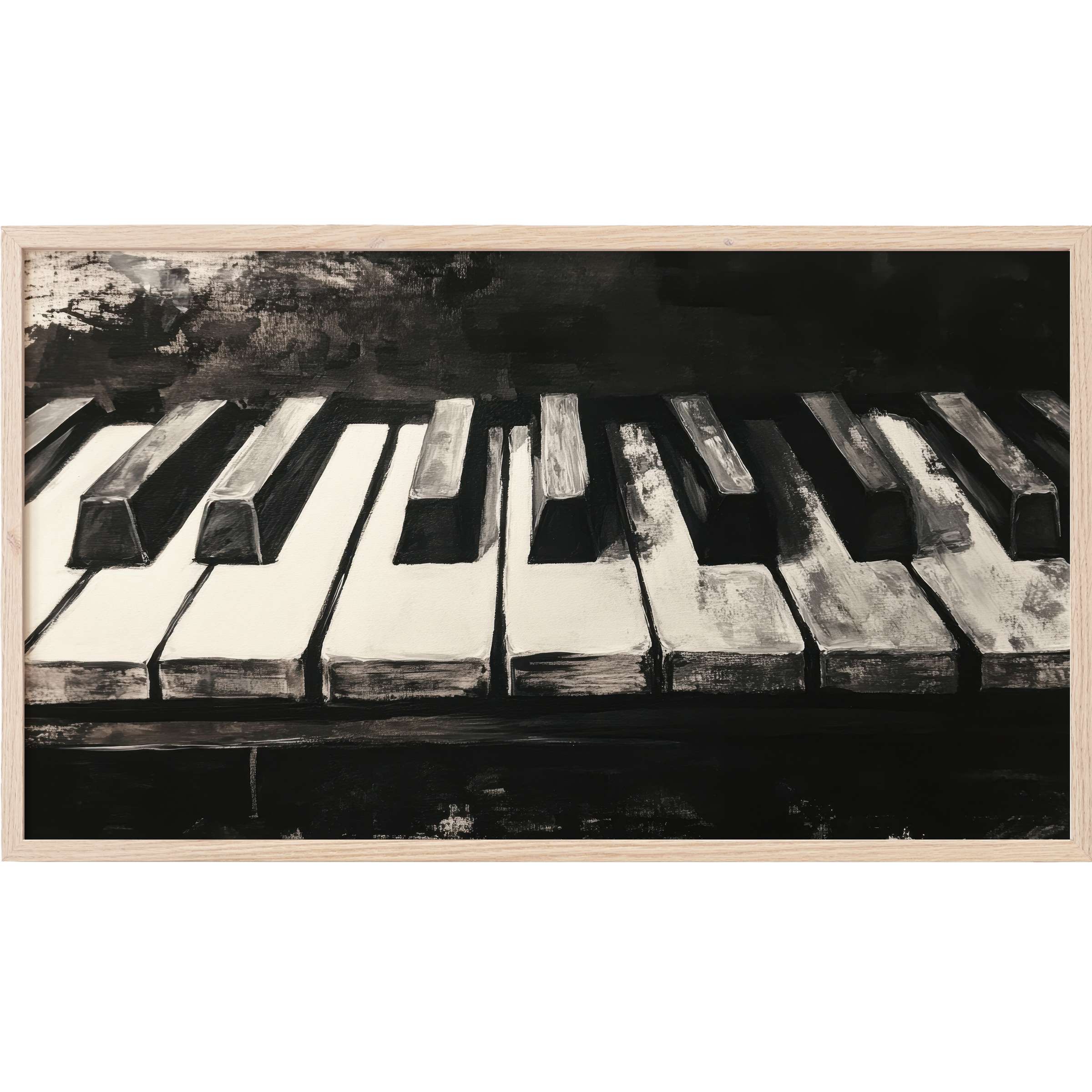 Elegant black and white Frame TV Art of piano keys with textured brushstrokes in a modern, moody monochrome style