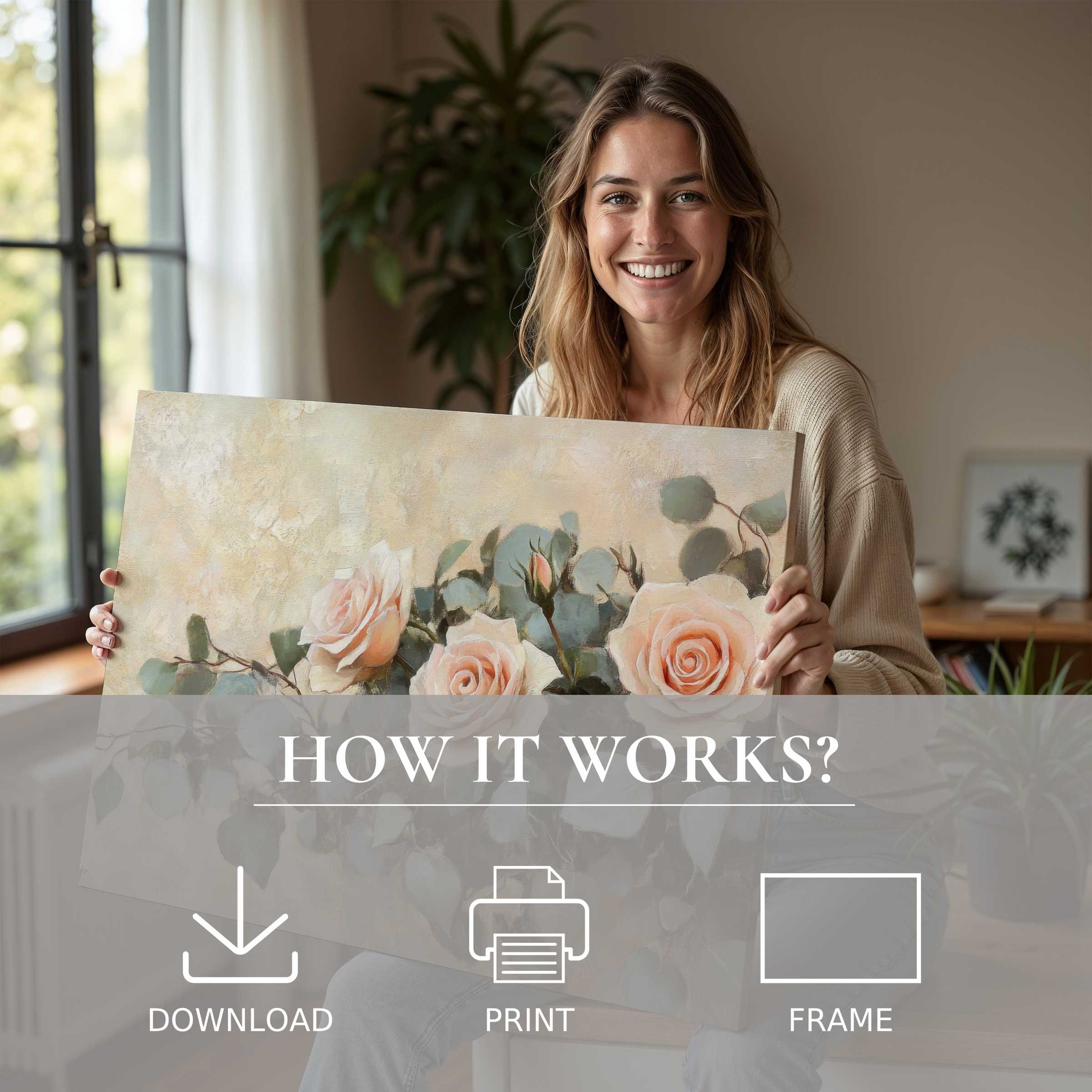 A joyful moment in a modern home, celebrating the ease and warmth of living with a soft-toned floral digital art print