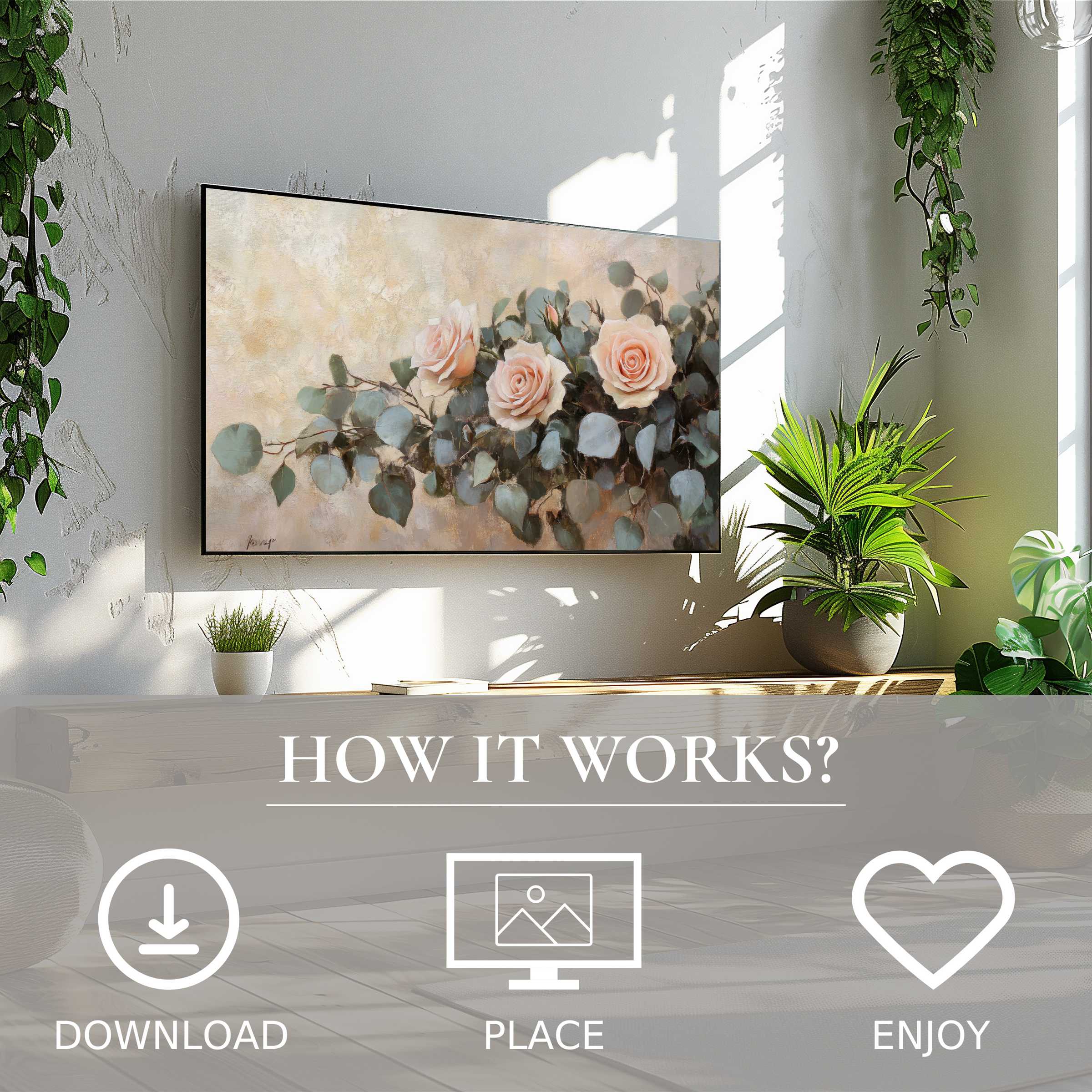 Floral art for Samsung TV: soft rose tones with eucalyptus motif, easy digital download enriches stylish, plant-filled living room