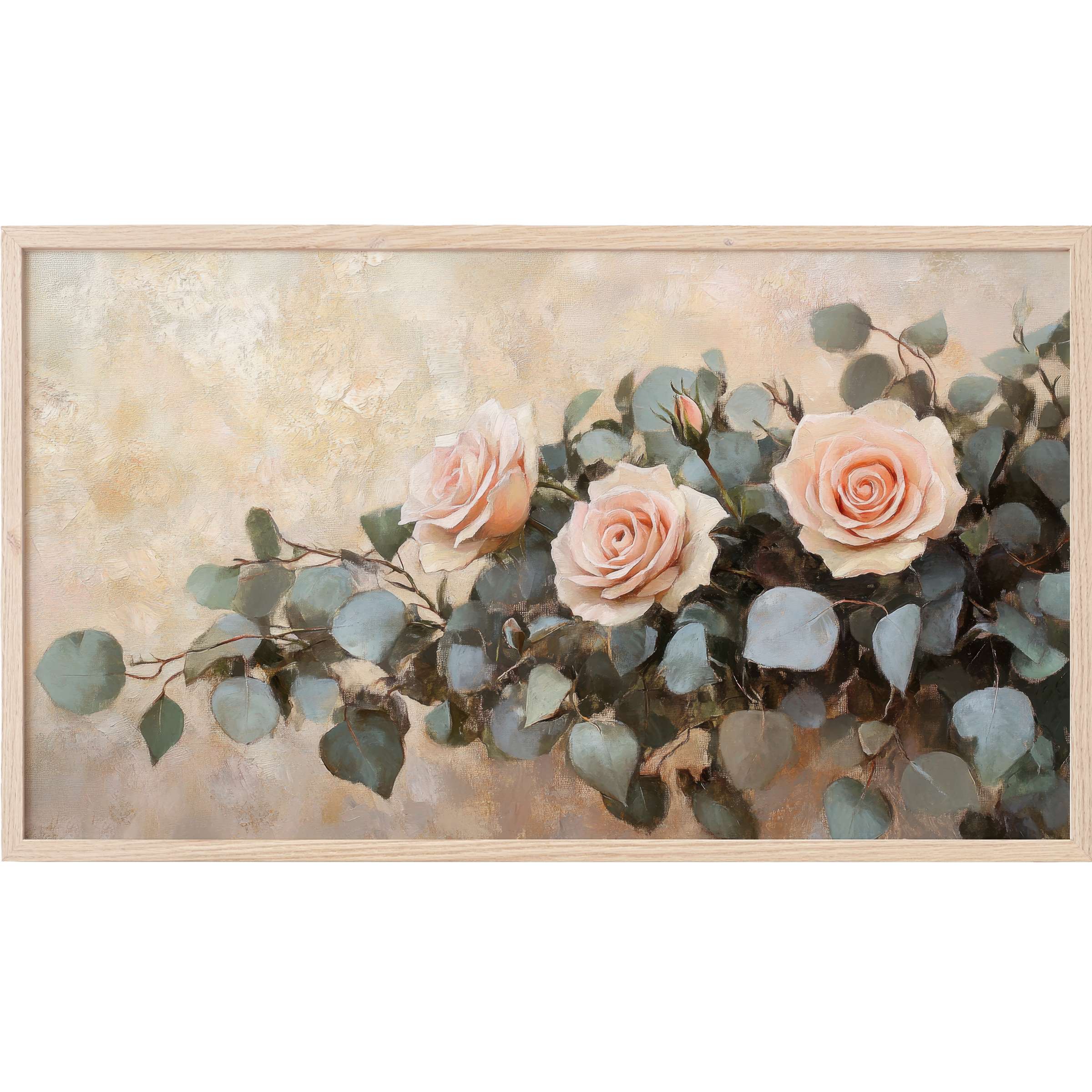 Elegant pastel roses and muted green leaves in soft brushstrokes create a serene, modern Floral Frame TV Art
