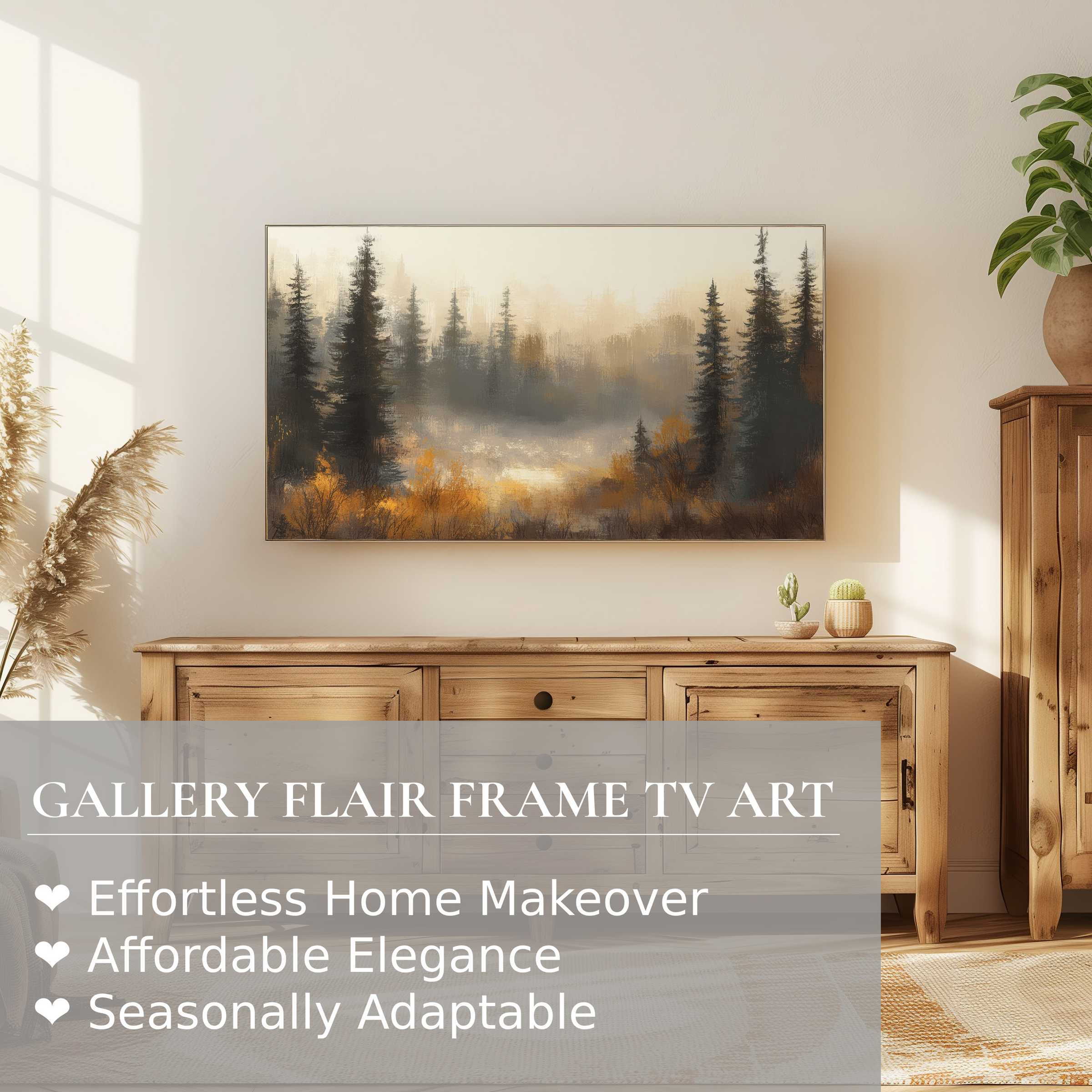 Samsung Frame TV displays serene tree digital artwork in warm tones, enhancing elegant, modern home decor settings