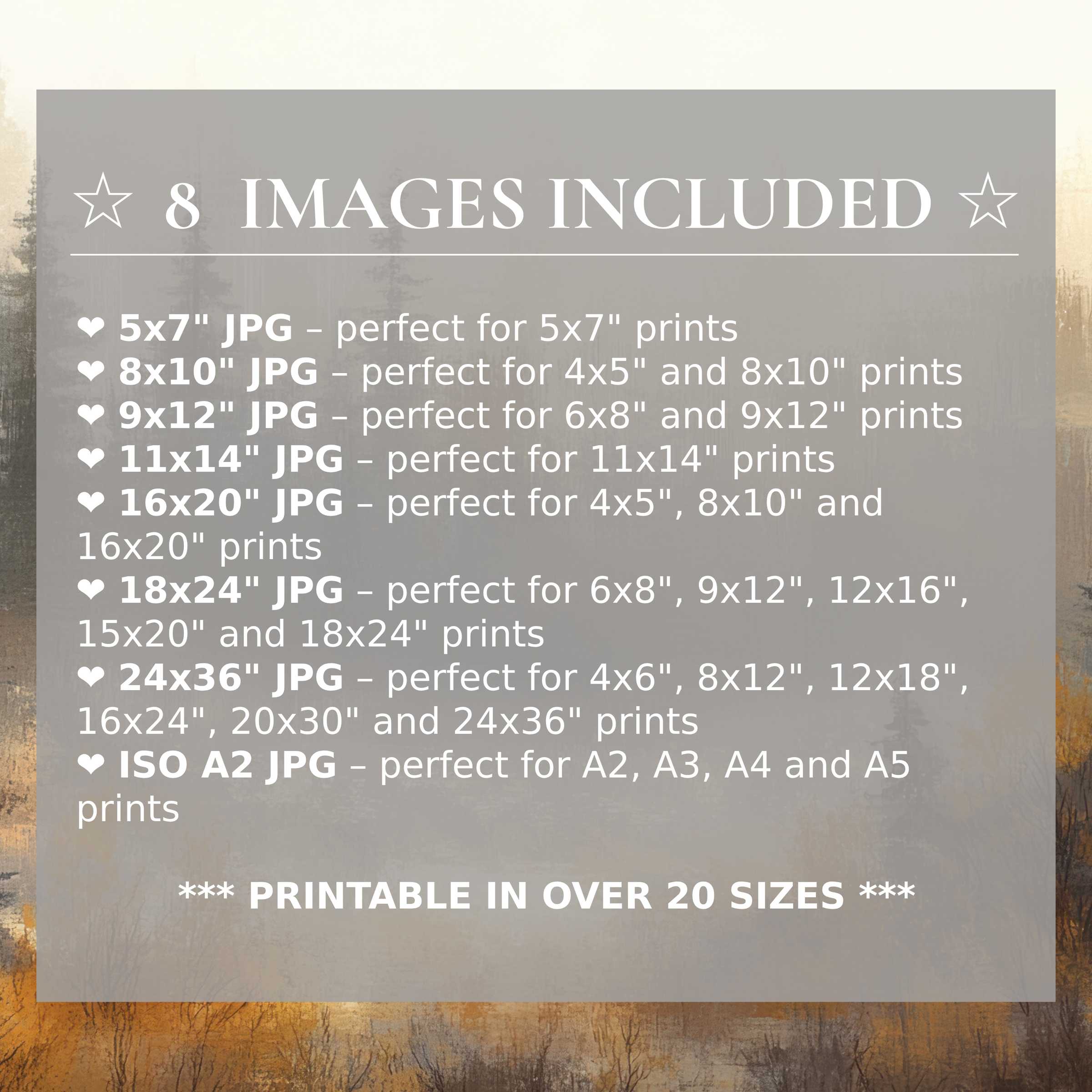 Print size guide showing 8 included JPG formats for versatile wall art printing – perfect for framing in popular sizes from 5x7 to 24x36 and A2
