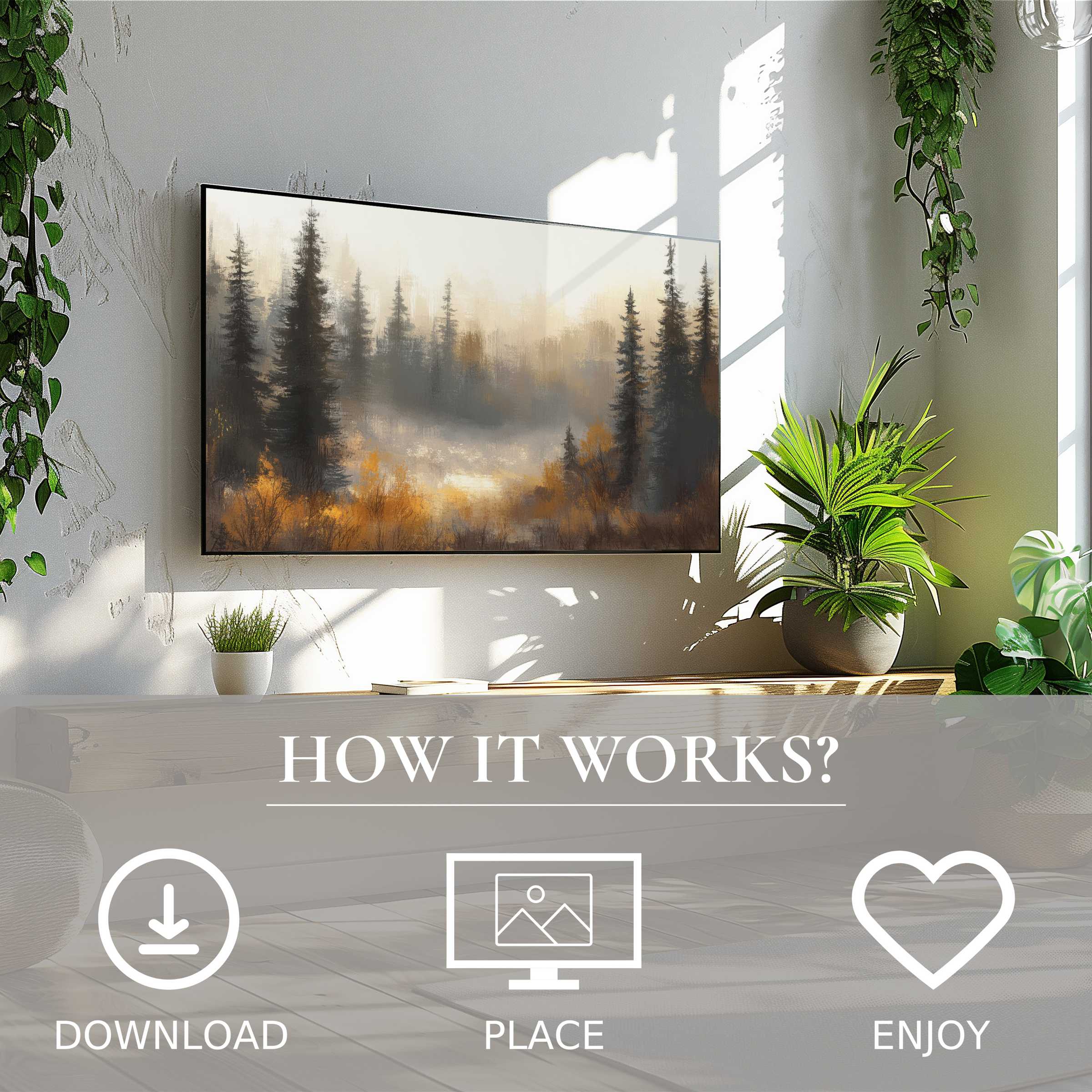 Tree art for Samsung TV featuring misty forest tones, easy digital download, adds warmth and style to modern living spaces