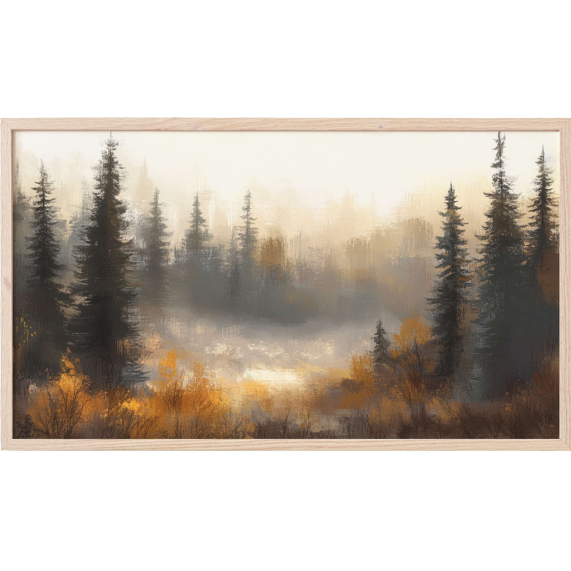 Mist-shrouded pine forest in muted greys and warm ochres, embracing serene autumn hues - tree Frame TV Art