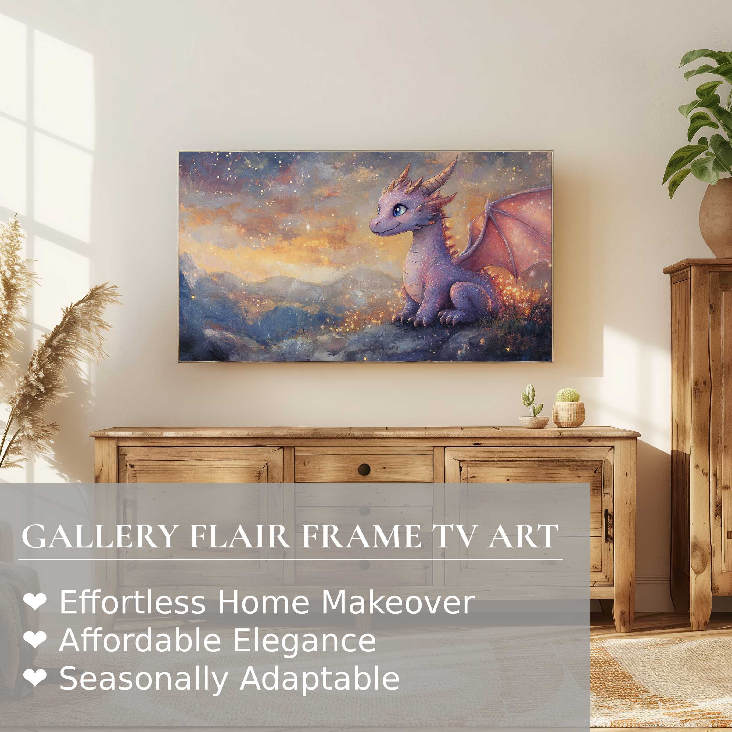Samsung Frame TV displays whimsical nursery digital artwork of a gentle dragon in a dreamy, modern nursery setting