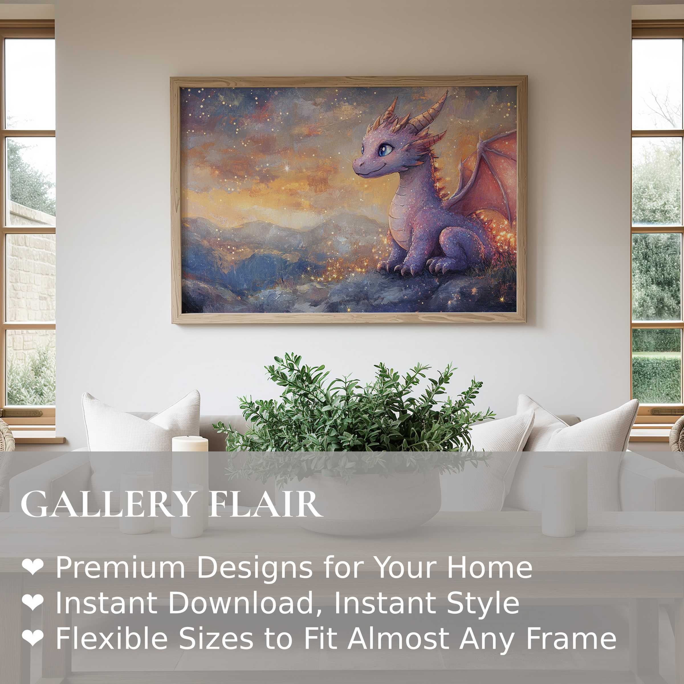 Whimsical nursery wall art print featuring a radiant, soft-toned dragon in dreamy, calming modern decor-perfect for enchanting nurseries