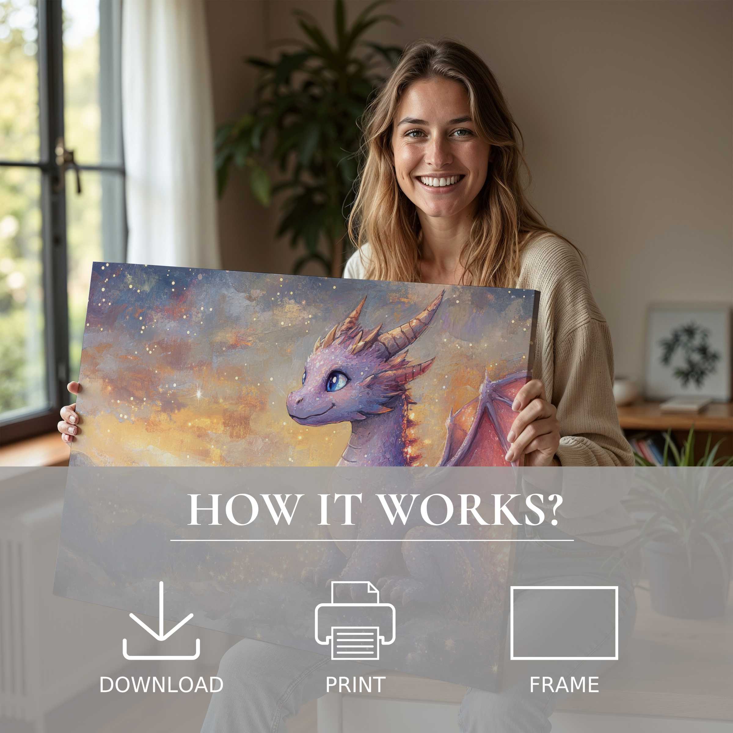 A serene moment of joy and connection as a woman unveils a nursery digital art print, bringing whimsical charm and warmth to a modern home