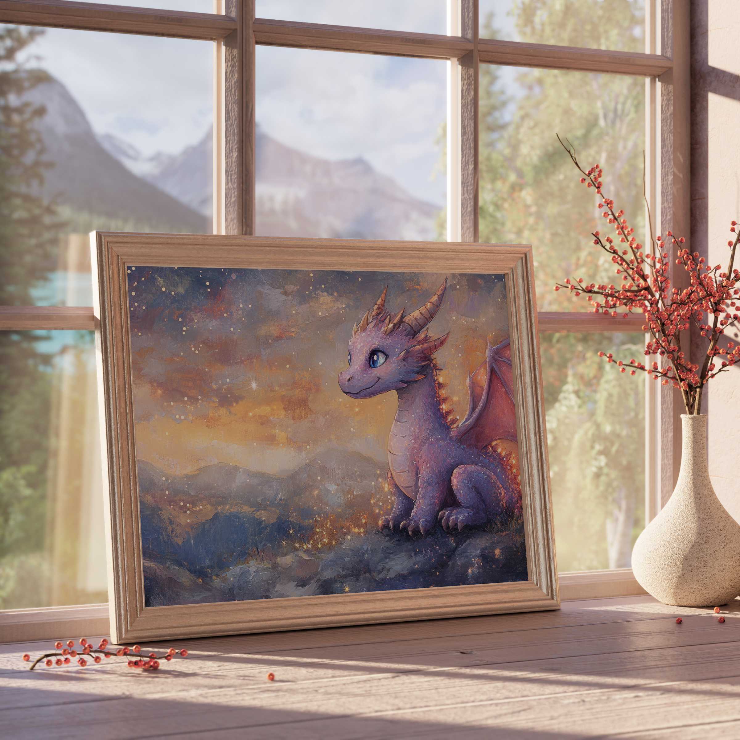 Whimsical nursery downloadable art featuring a charming purple dragon aglow with sunset hues, perfect for serene, curated children's spaces