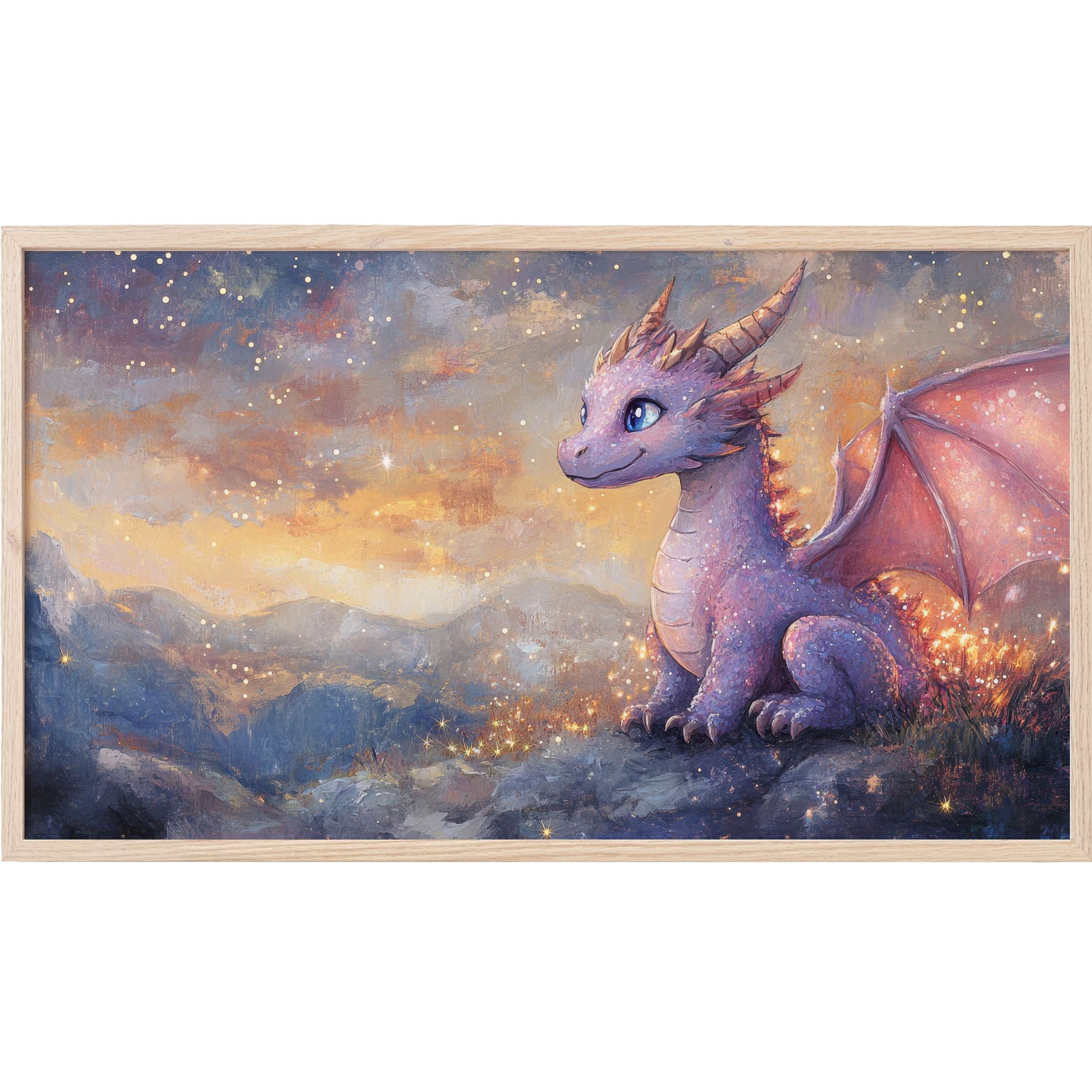 Nursery Frame TV Art of a whimsical purple dragon with glowing wings against a soft pastel twilight sky