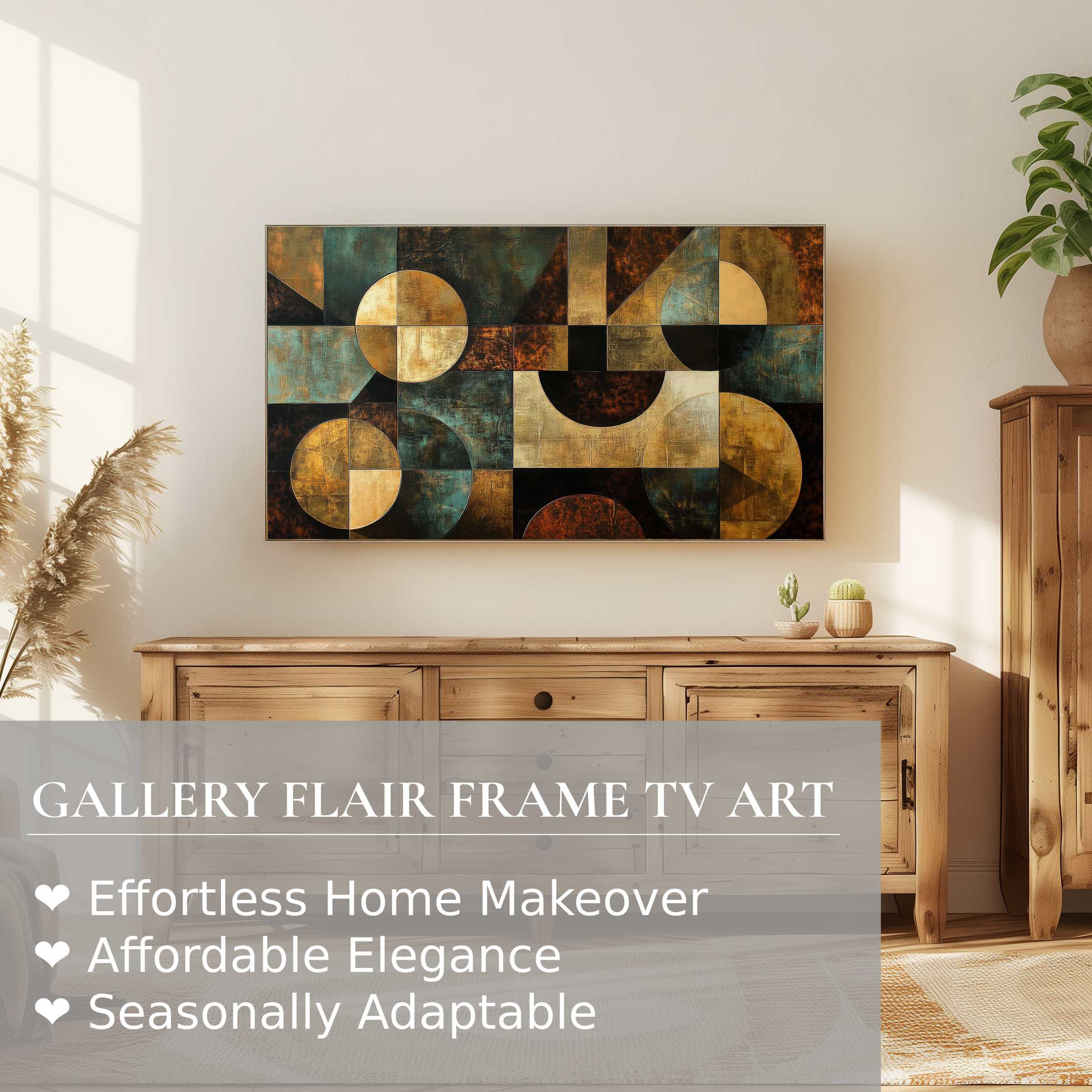 Samsung Frame TV displaying modern digital artwork with geometric shapes in a warm, elegant living room setting