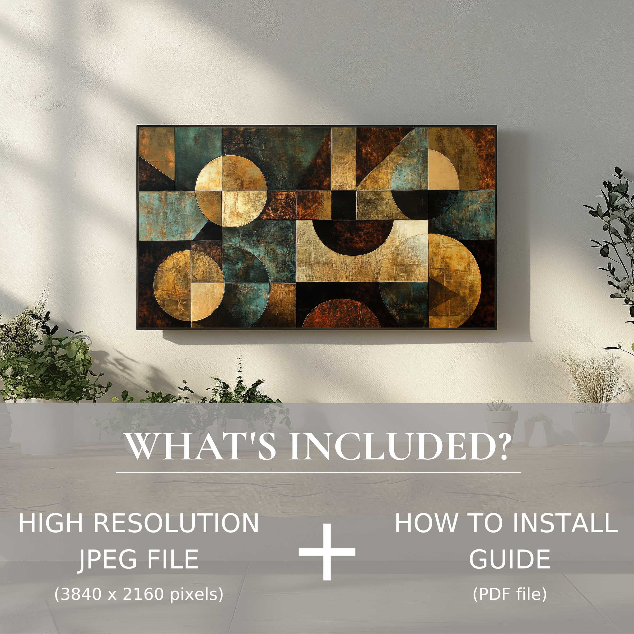Elegant modern digital TV art download with easy use, enhancing your living space with rich geometric design