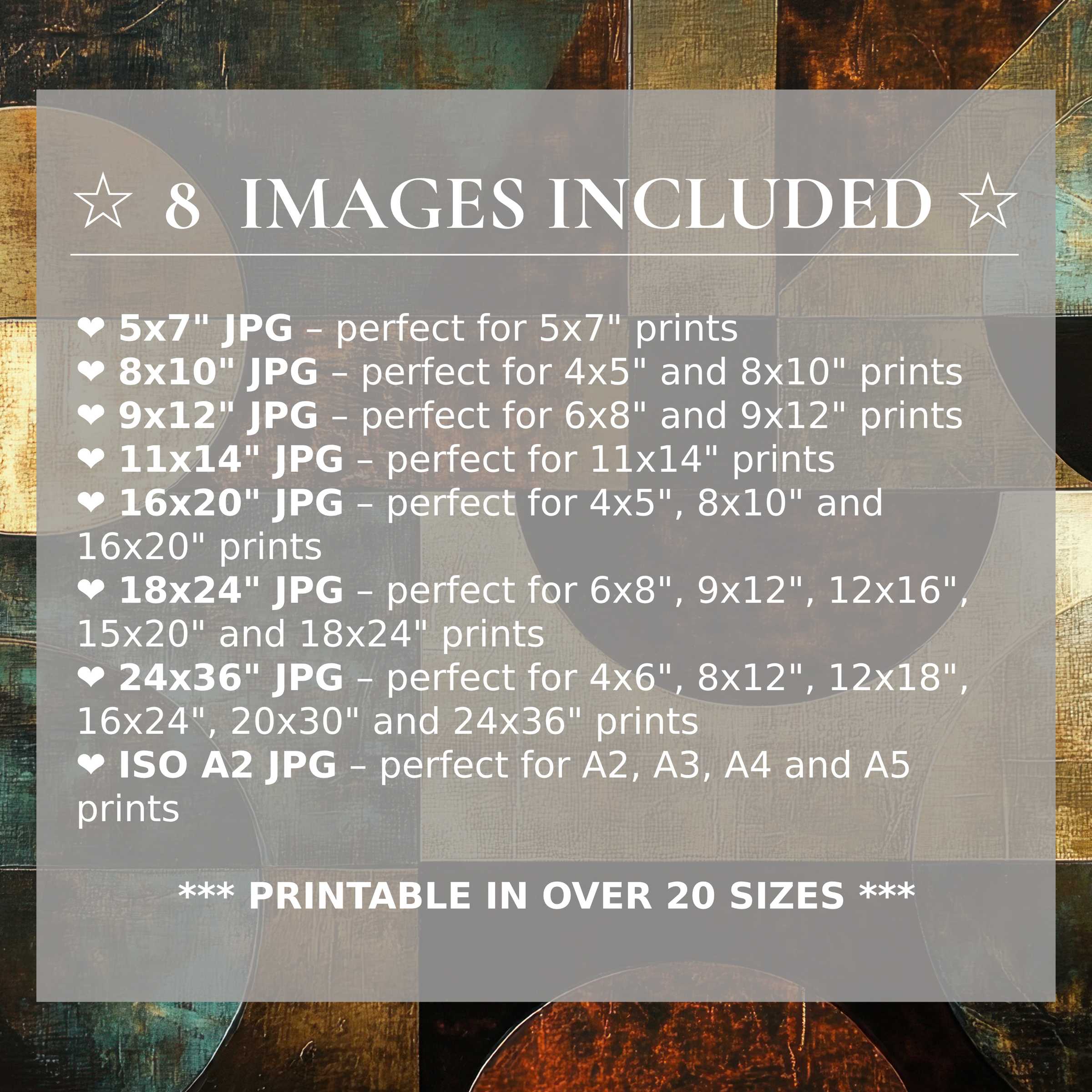 Modern digital print radiates warmth with deep amber, teal, and gold tones; includes 8 high-quality sizes for versatile, stylish interiors