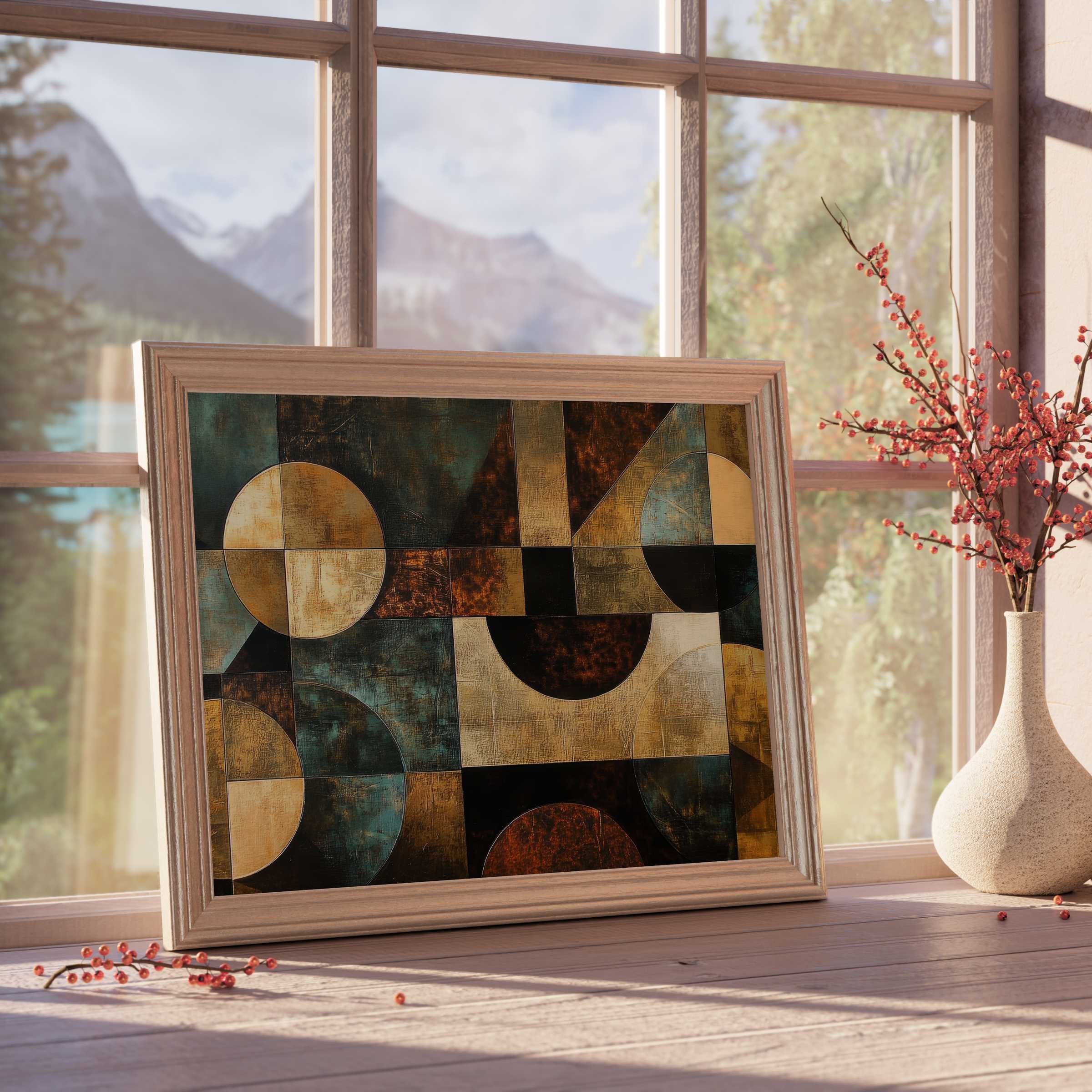 Modern downloadable art featuring warm geometric shapes in rich earth tones, enhancing curated, tranquil, design-forward interiors