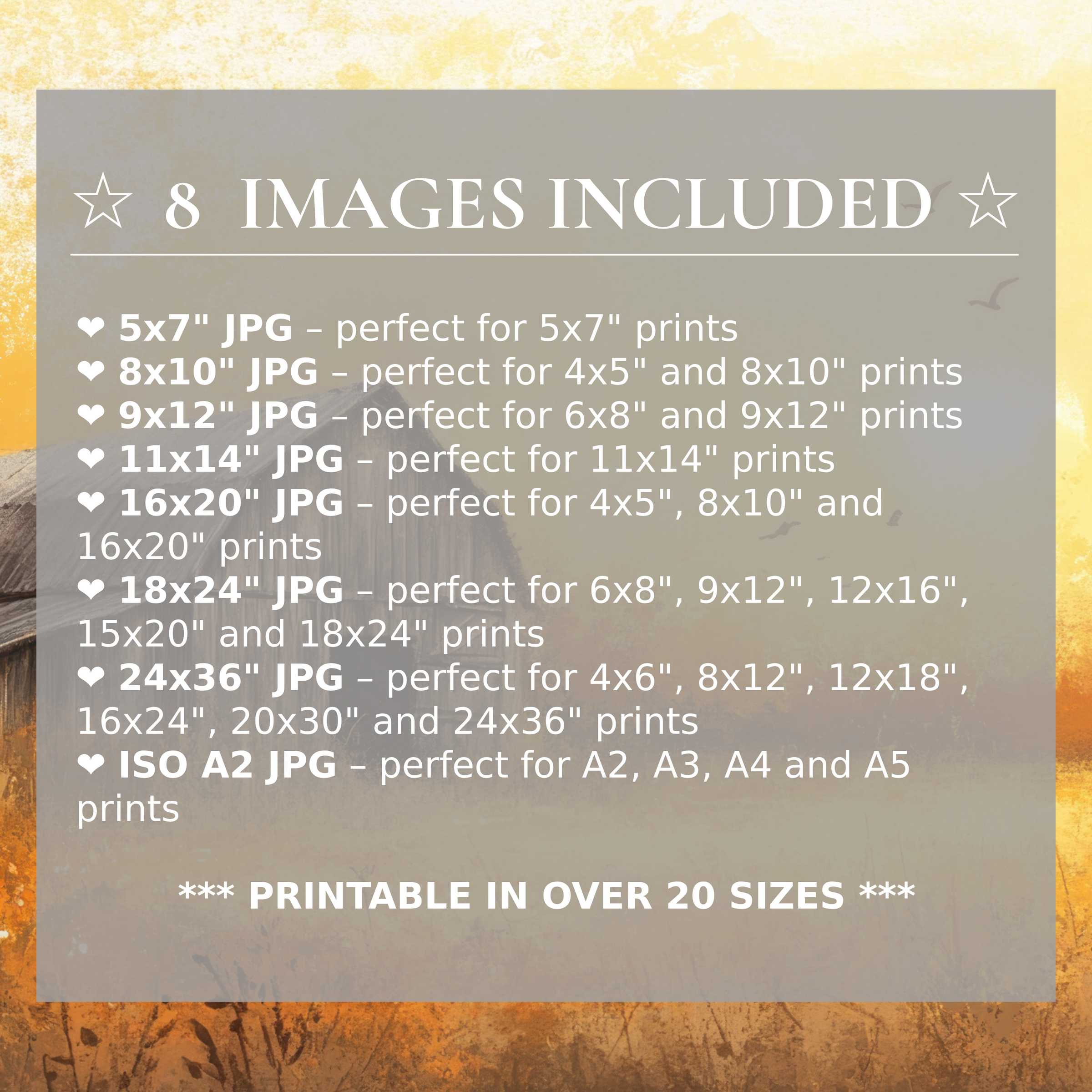 Radiant farmhouse digital print with warm amber and soft gray hues, delivering versatile style in 8 high-quality included sizes