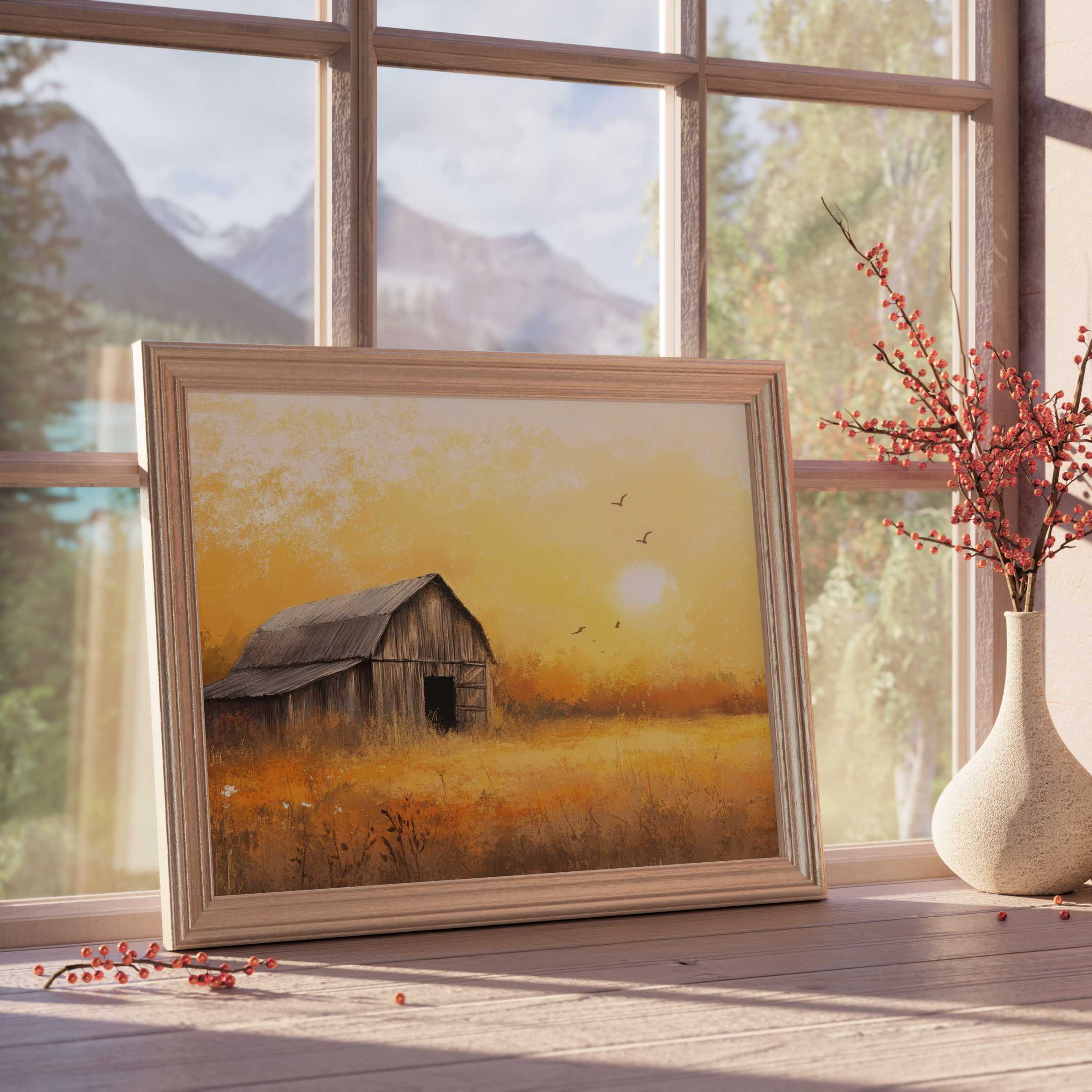 Farmhouse downloadable art capturing a serene sunset over rustic barn fields-perfect for curated, tranquil interiors