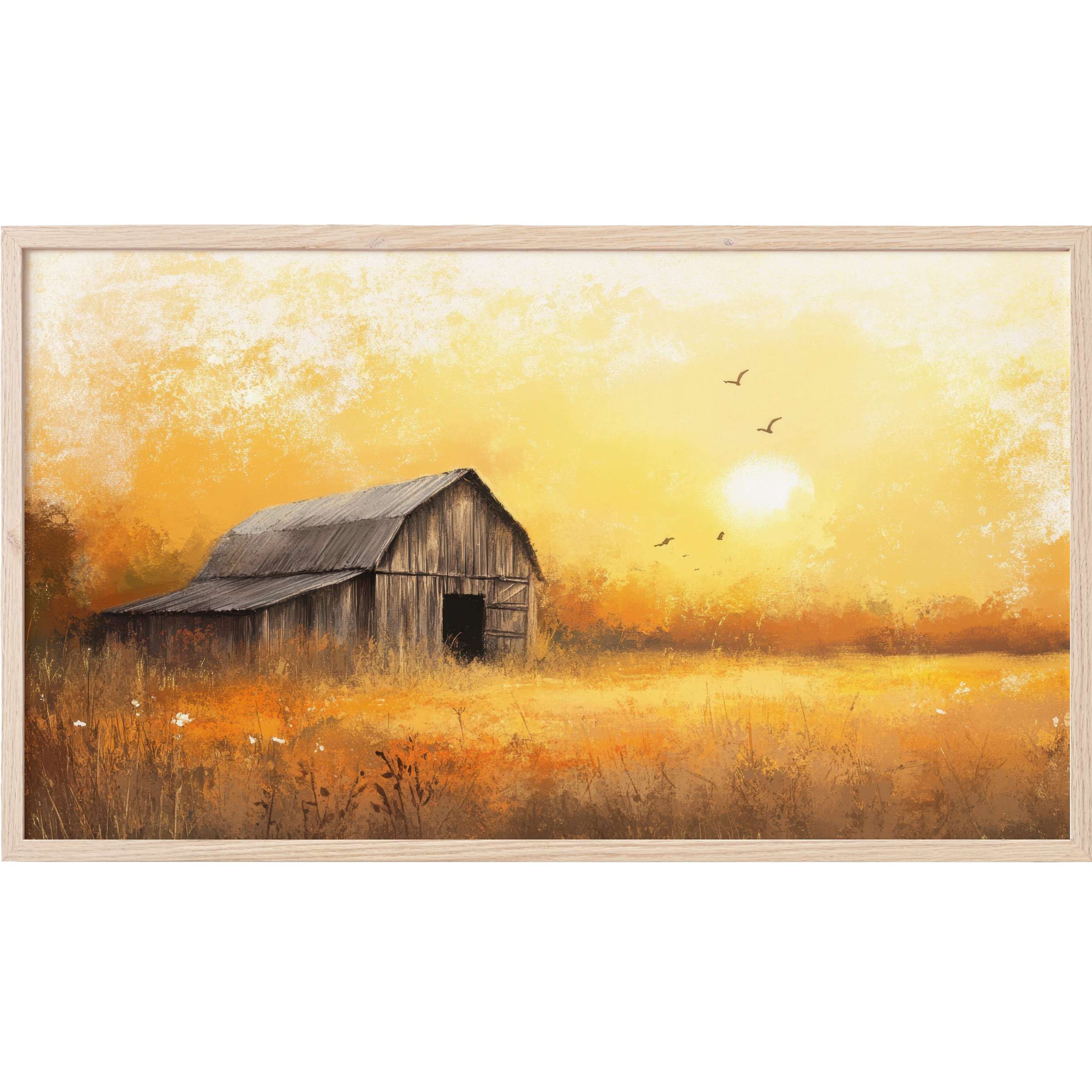 Farmhouse Frame TV Art depicting a rustic barn at sunset in warm gold and amber tones, with a soft painterly style