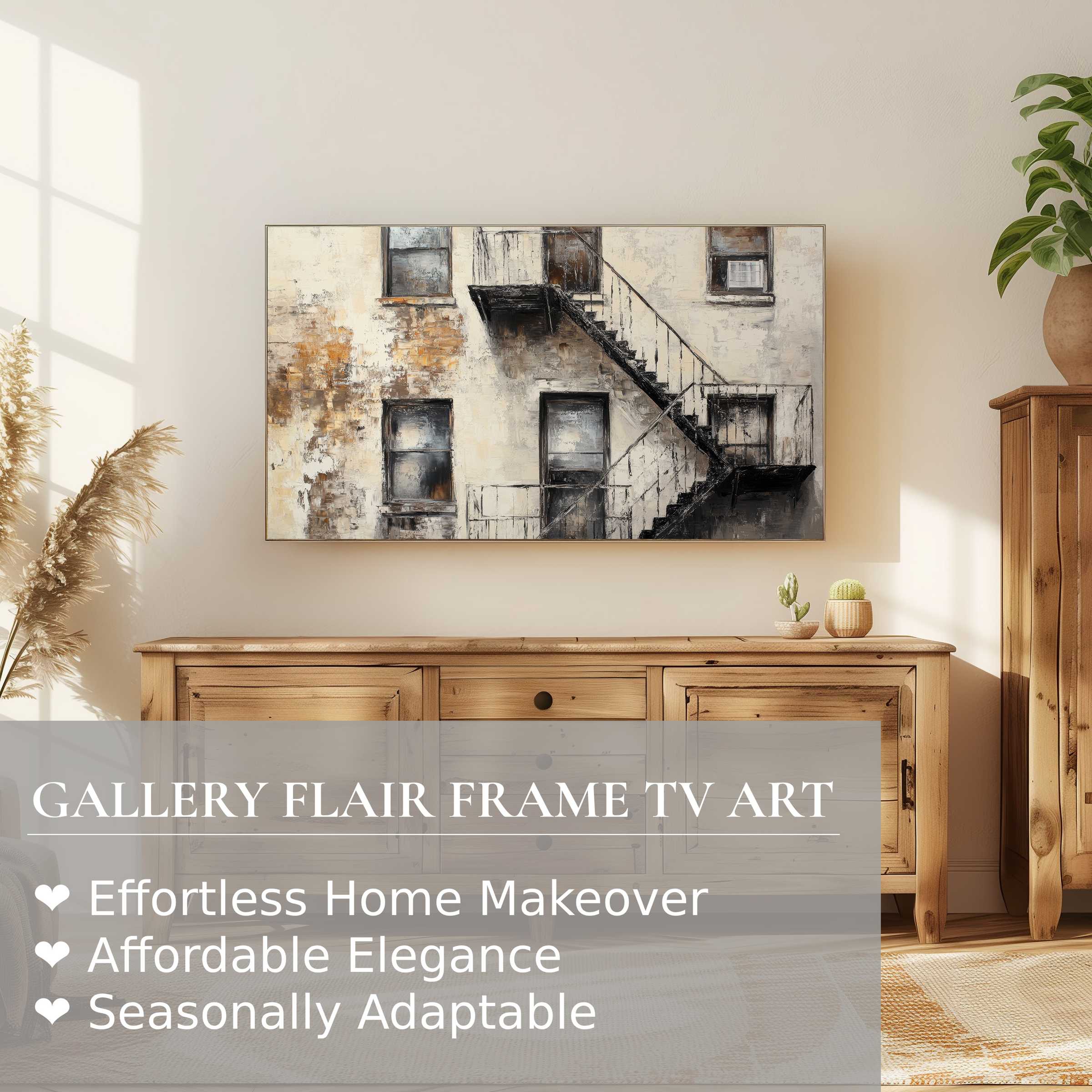 Samsung Frame TV displays urban digital artwork of a rustic fire escape, enhancing modern, elegant home decor