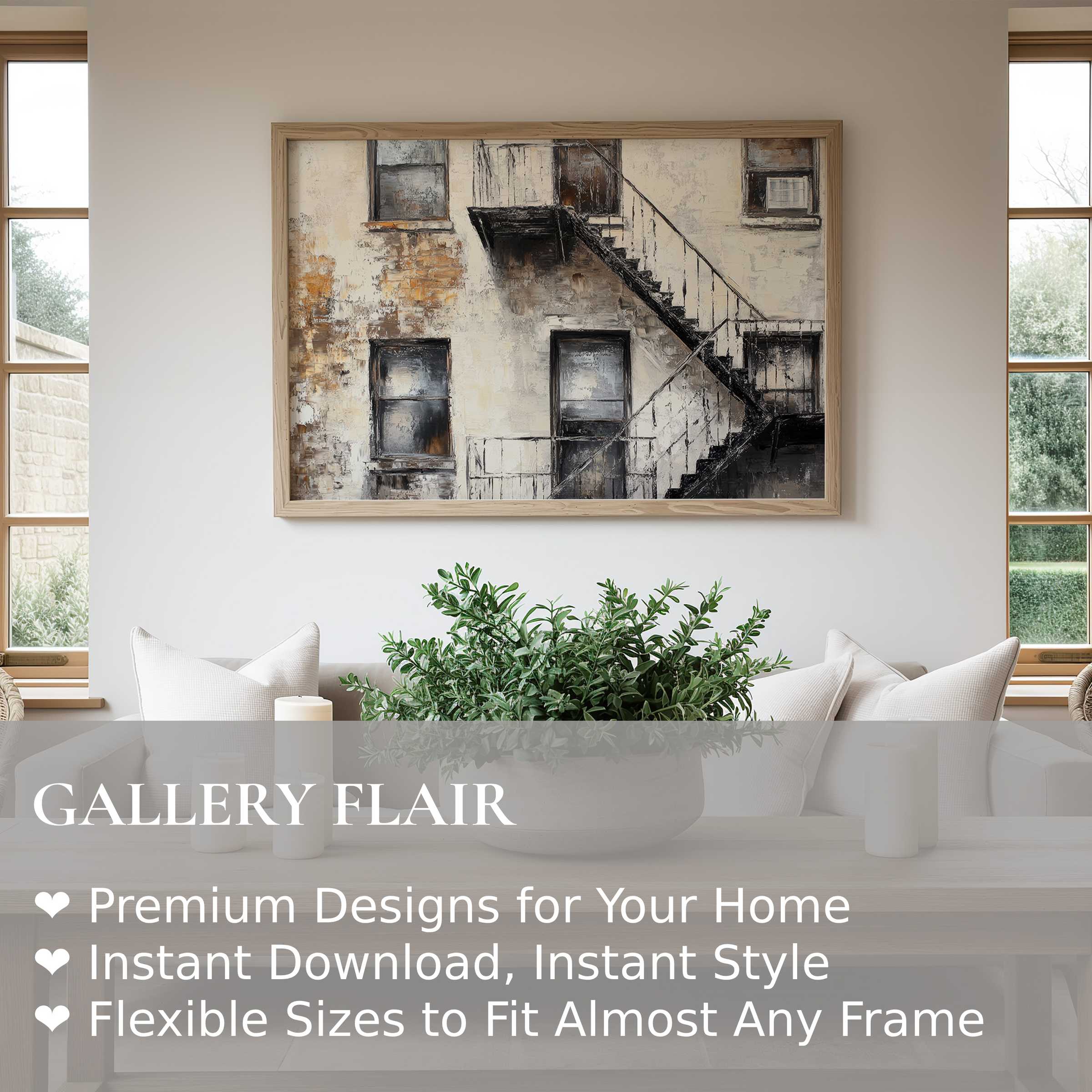 Urban art wall art print featuring textured industrial fire escape in muted earth tones, adding bold, contemporary allure to minimalist living spaces