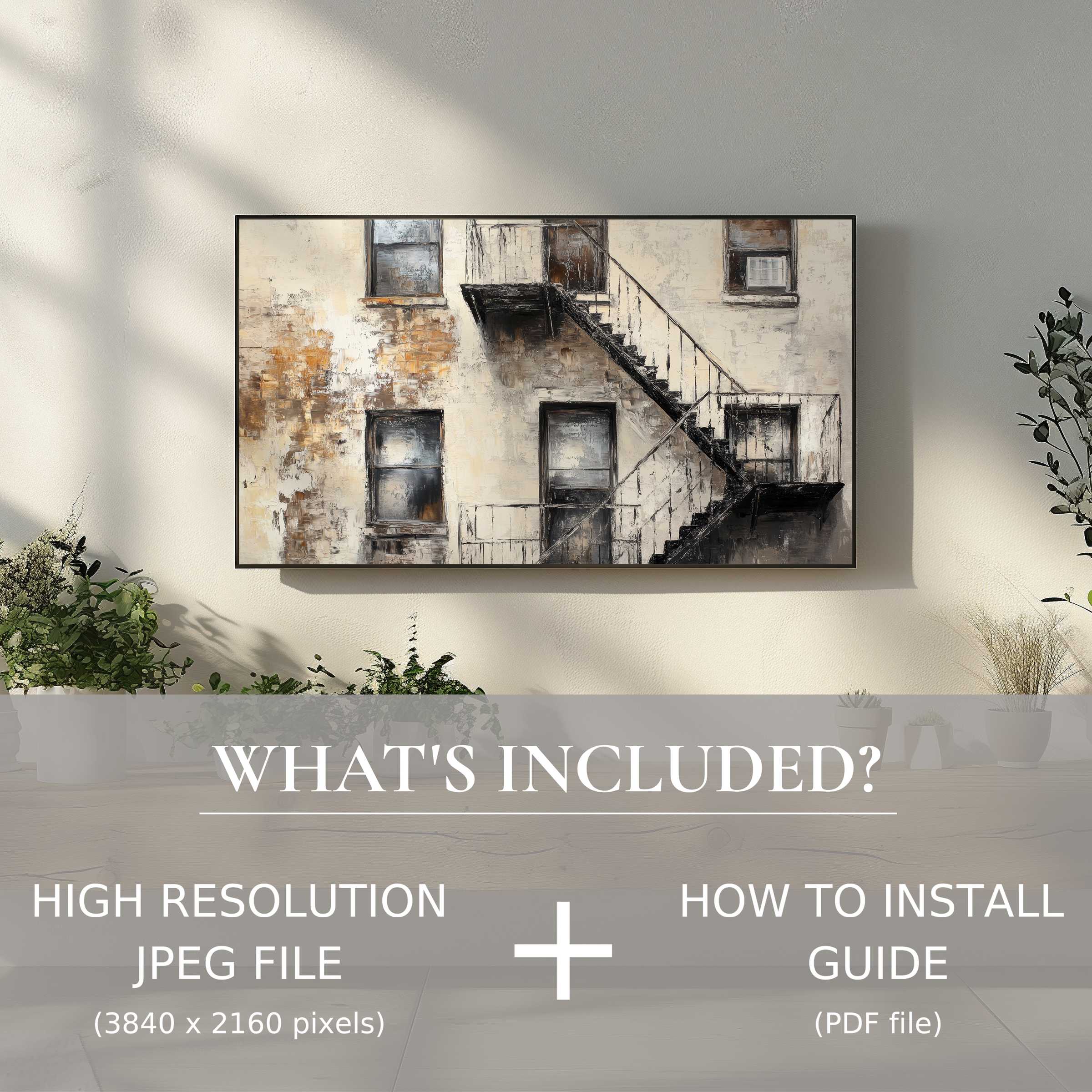 Elegant urban digital TV art download of weathered stairs, elevating modern living spaces with easy digital use