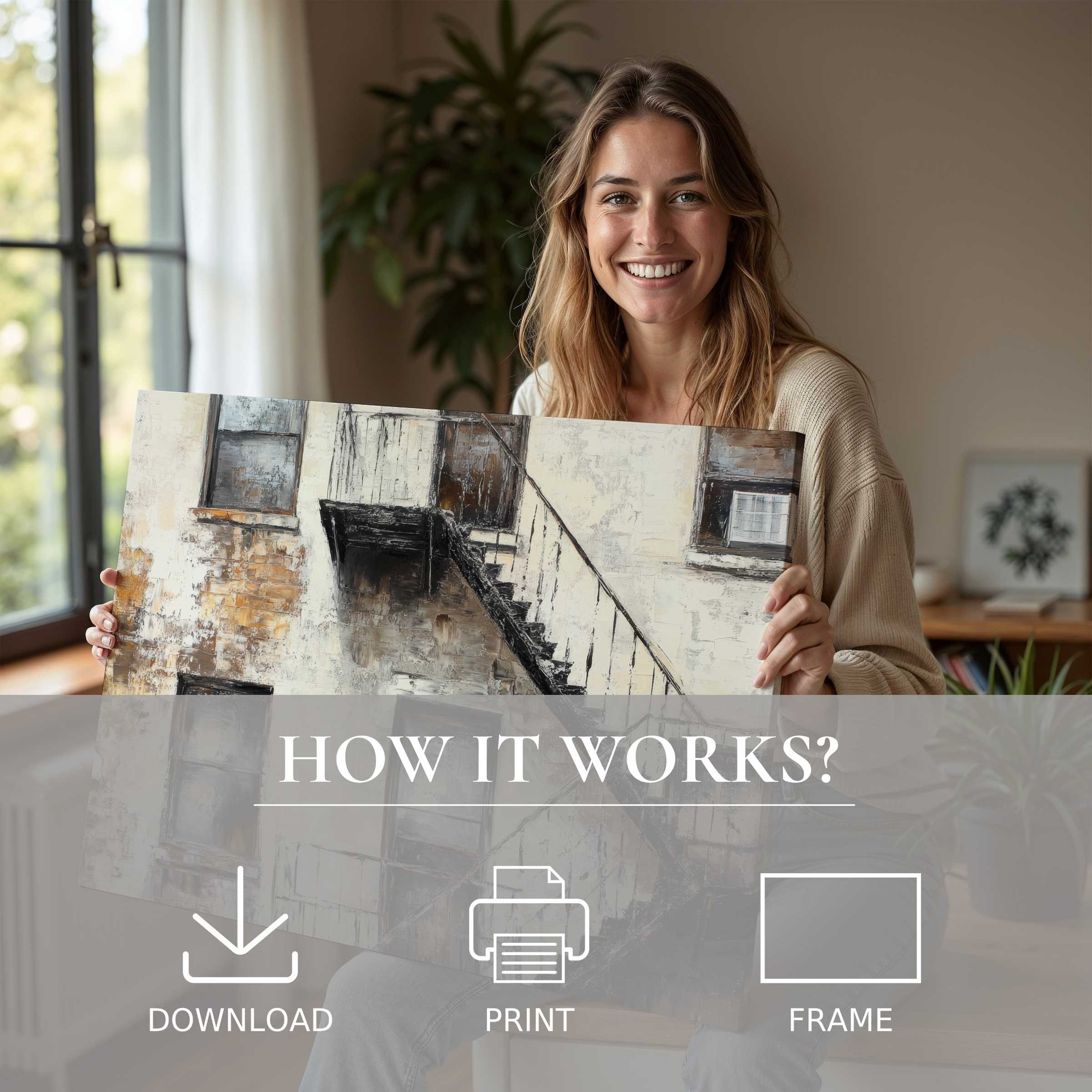 A radiant moment of effortless joy as a refined urban digital art print enhances a modern home’s serene ambiance