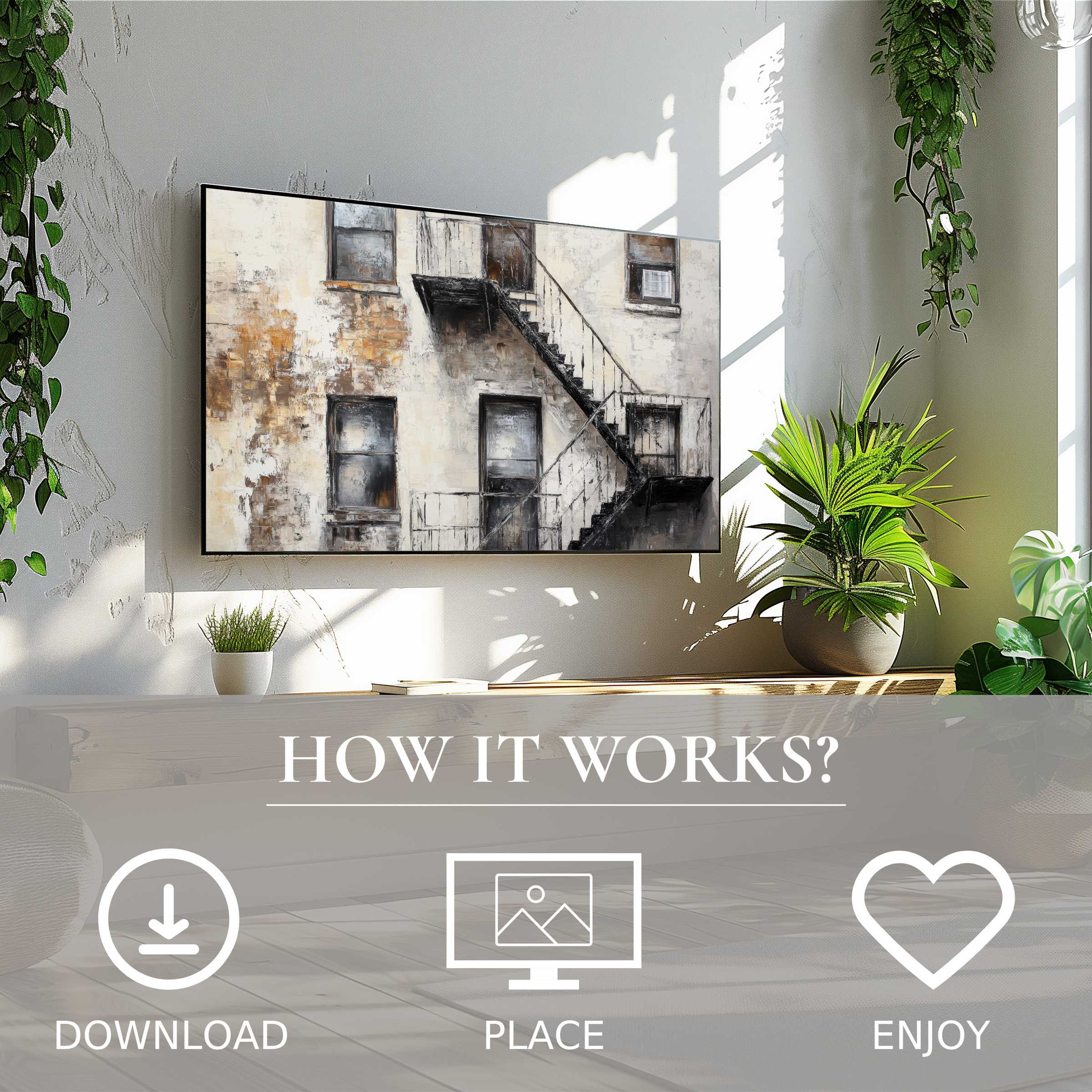 Urban art for Samsung TV: easy digital download of rustic fire escape motif enriches modern living spaces