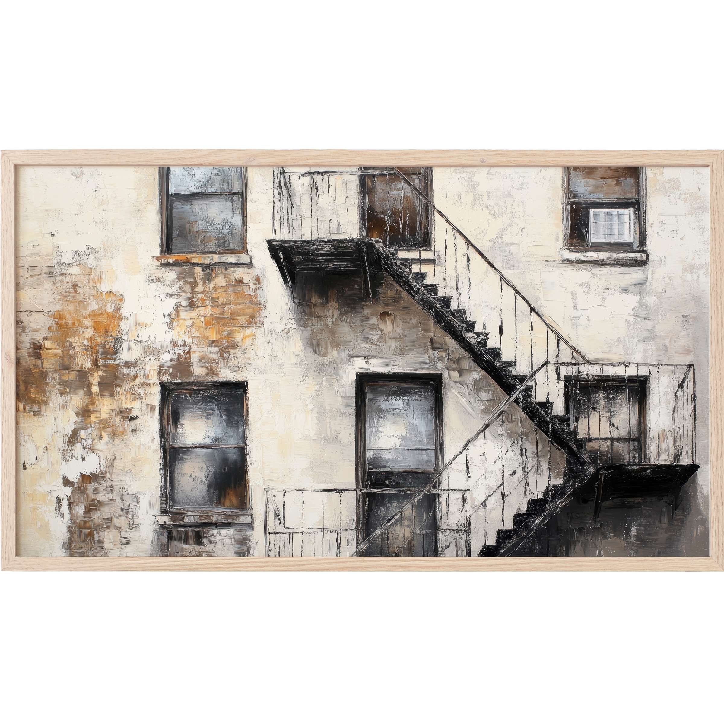 Textured cityscape painting in muted browns and grays with fire escape details, urban Frame TV Art masterpiece