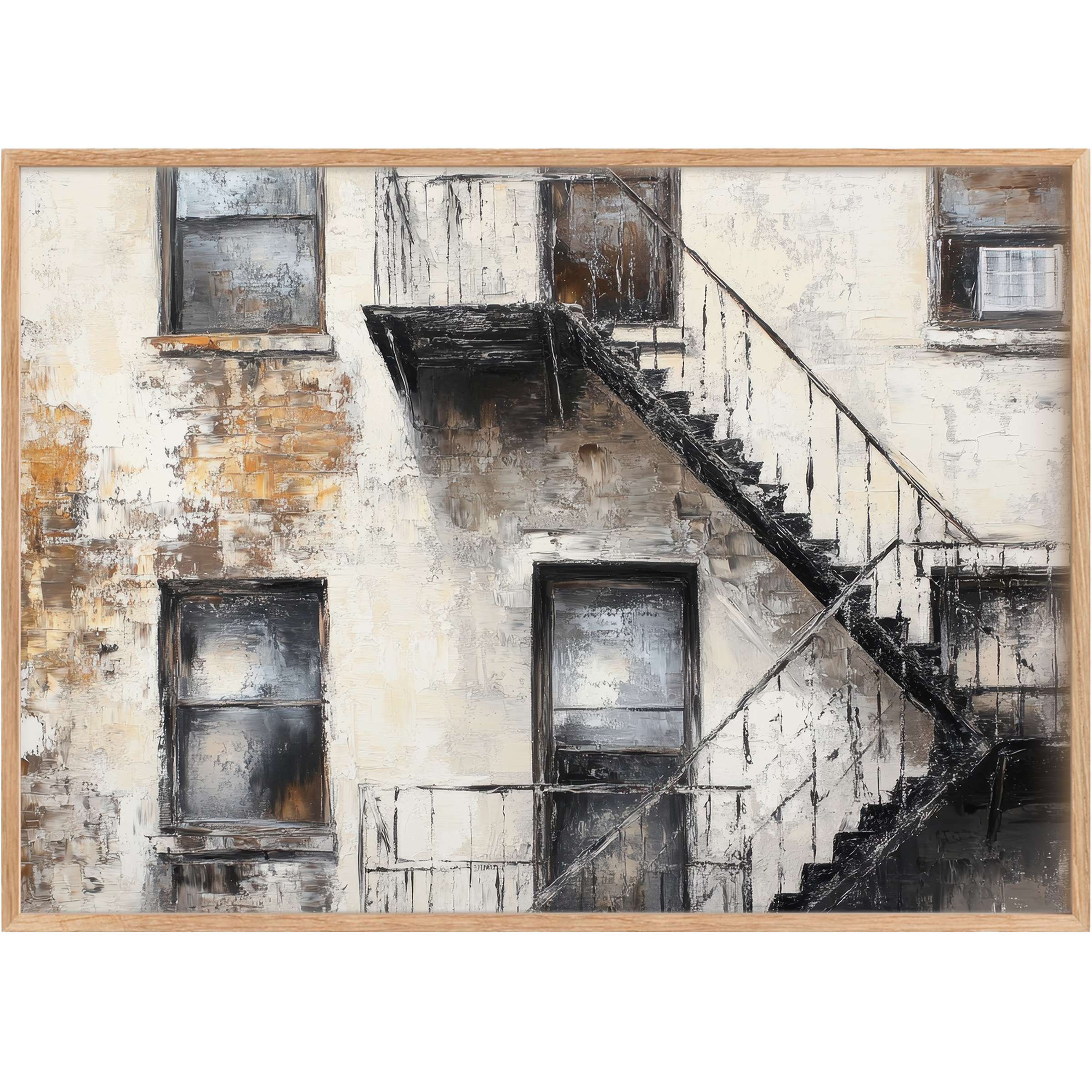 Urban printable wall art capturing rustic charm with textured black stairs and weathered beige walls, evoking a timeless, contemplative mood