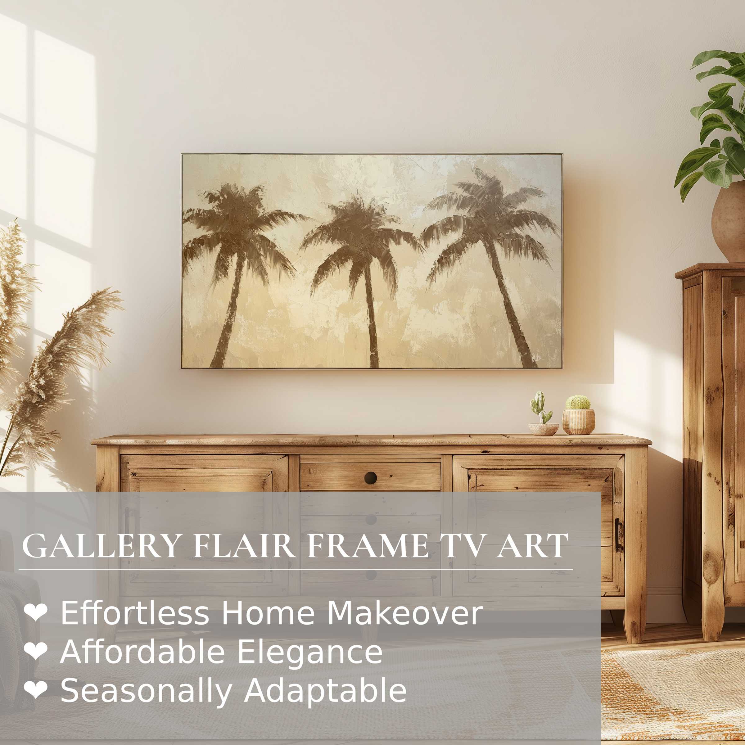 Samsung Frame TV displays muted coastal digital artwork of palm trees in a serene, modern, sunlit living space