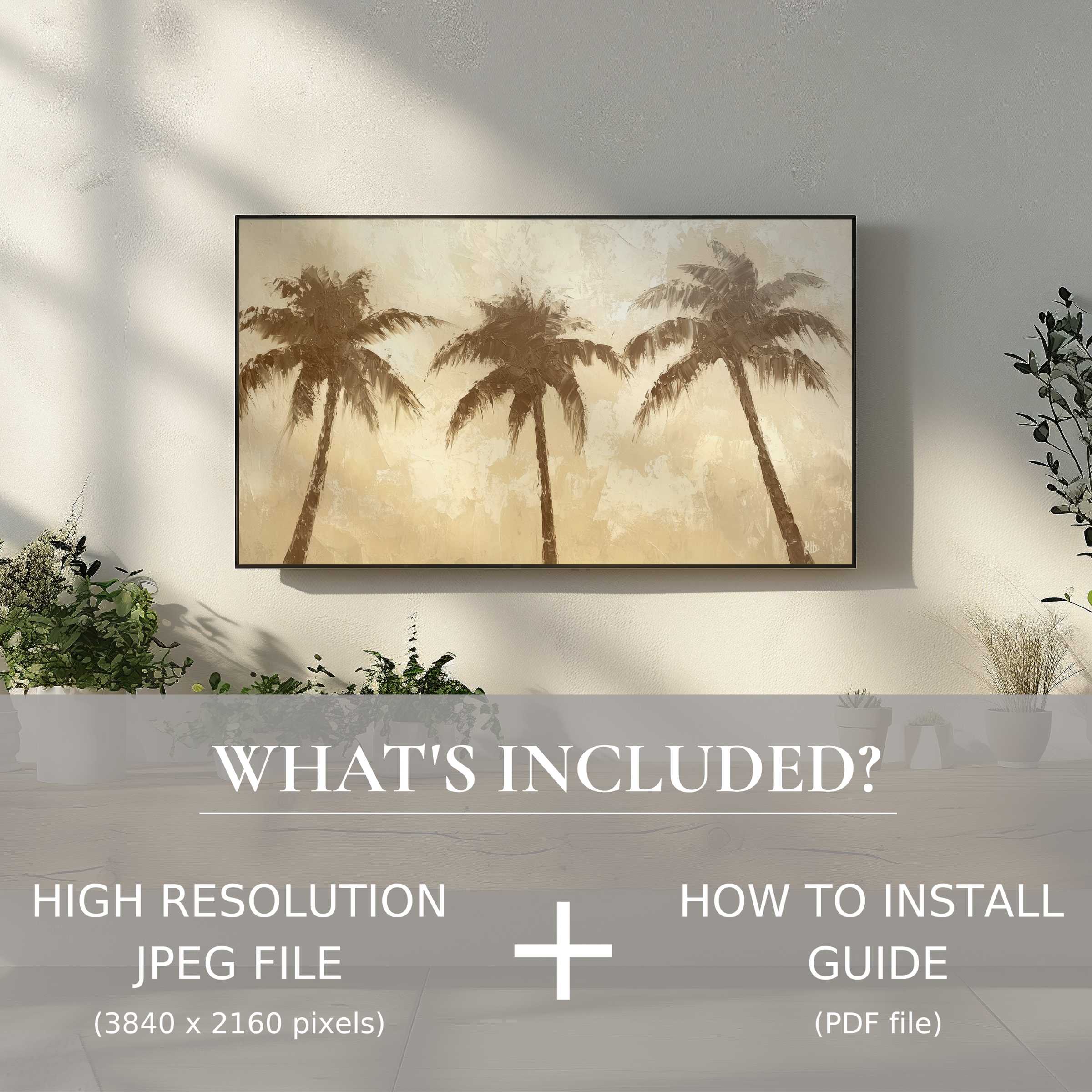 Elegant coastal digital TV art download with palm trees enhances any modern living space, easy digital use included