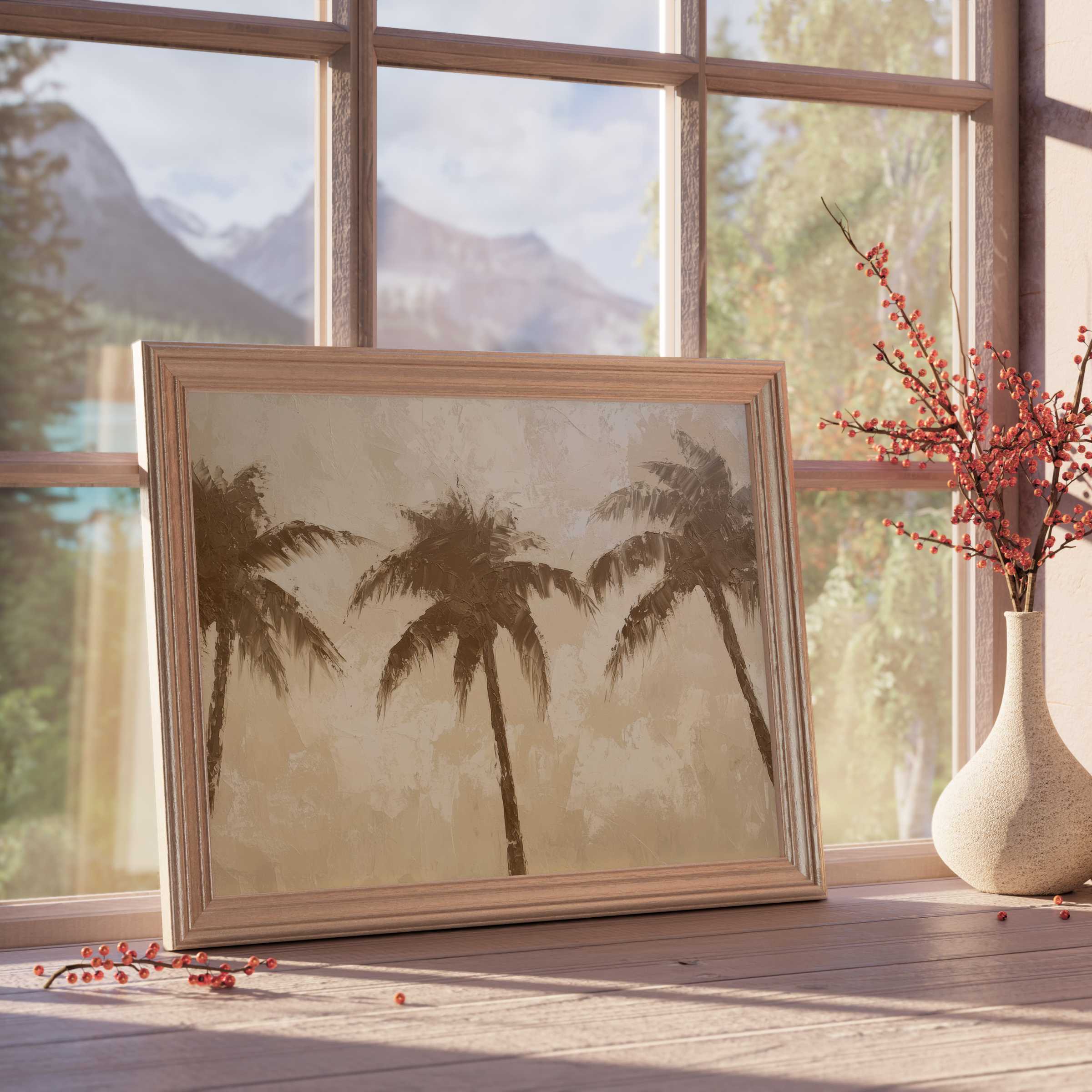 Coastal downloadable art featuring serene palm silhouettes in muted earth tones, perfect for elevating tranquil, design-forward interiors