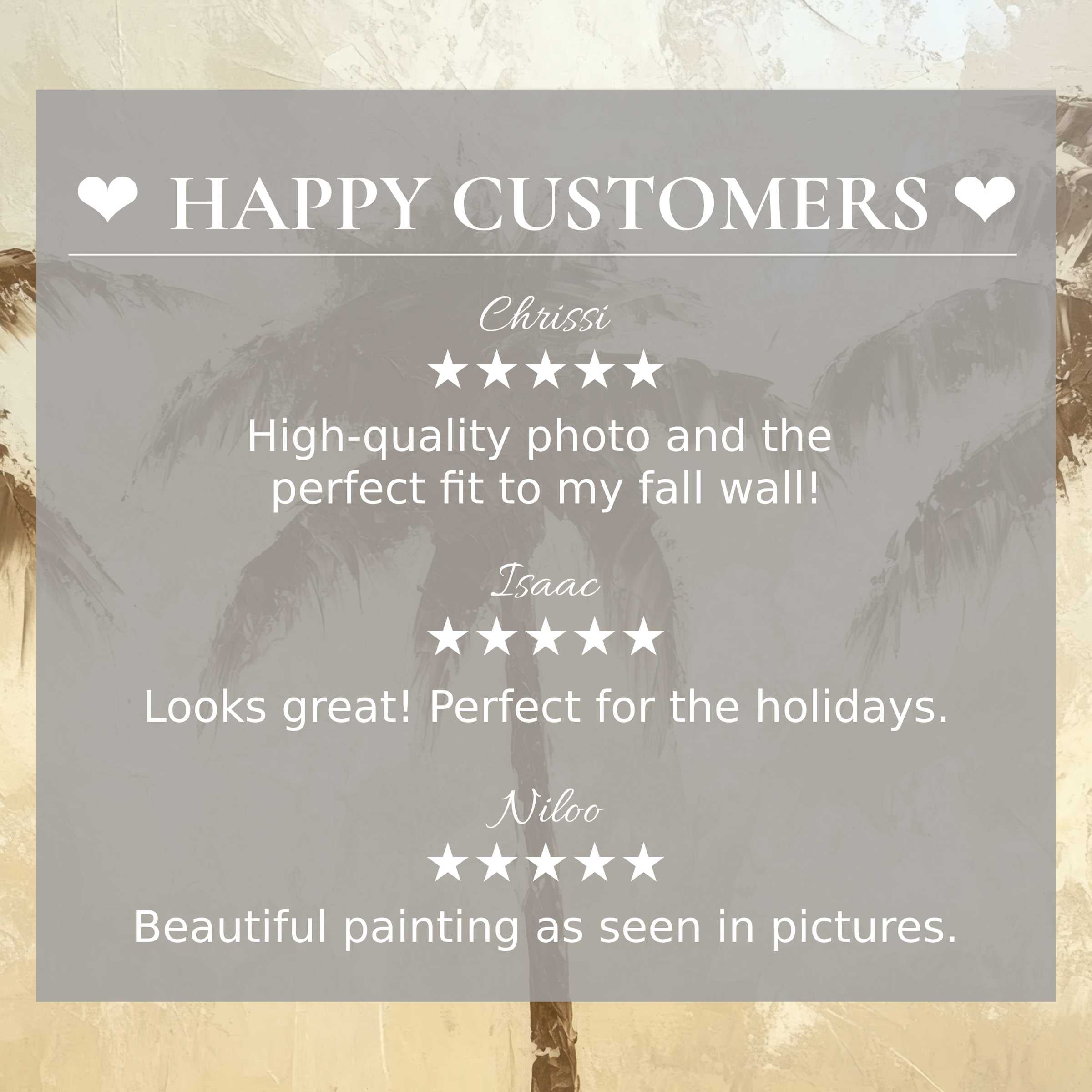 Elegant coastal art for Frame TV with muted palm tree background, showcasing happy customer reviews that inspire trust