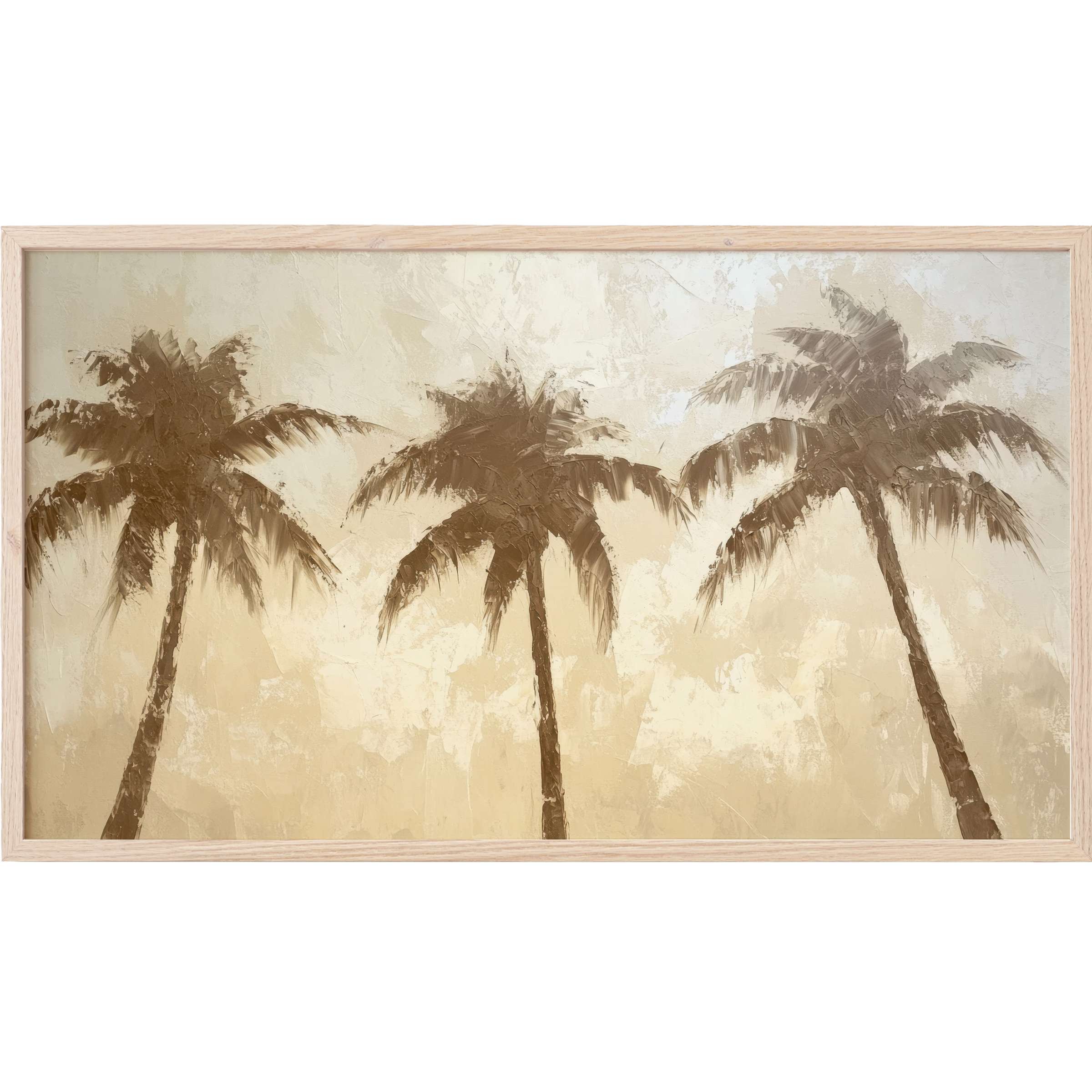 Textured palm silhouettes in warm browns and creams evoke serene coastal vibes in this coastal Frame TV Art piece