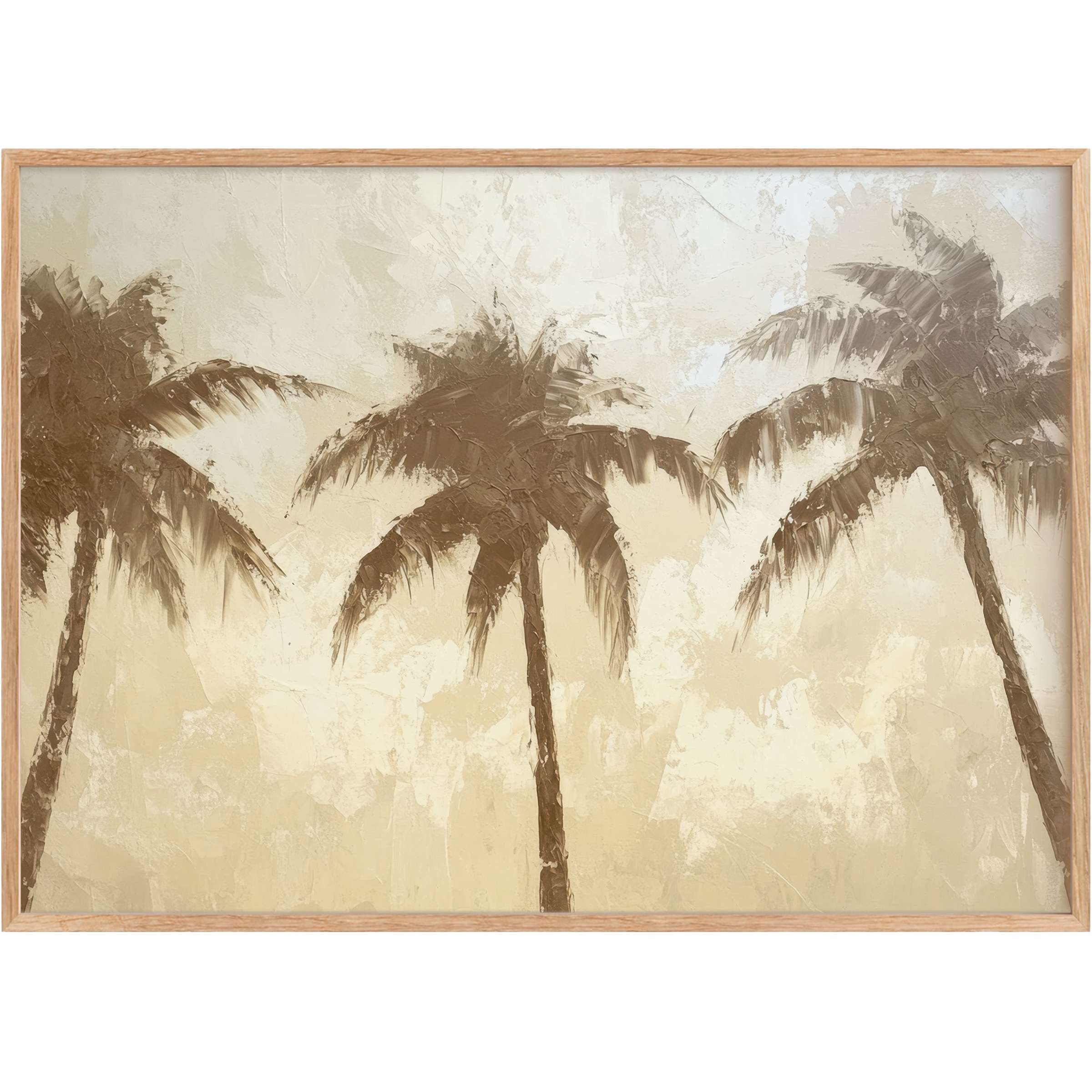 Coastal printable wall art with serene brown palm silhouettes on creamy beige, evoking a warm, tranquil beachside escape