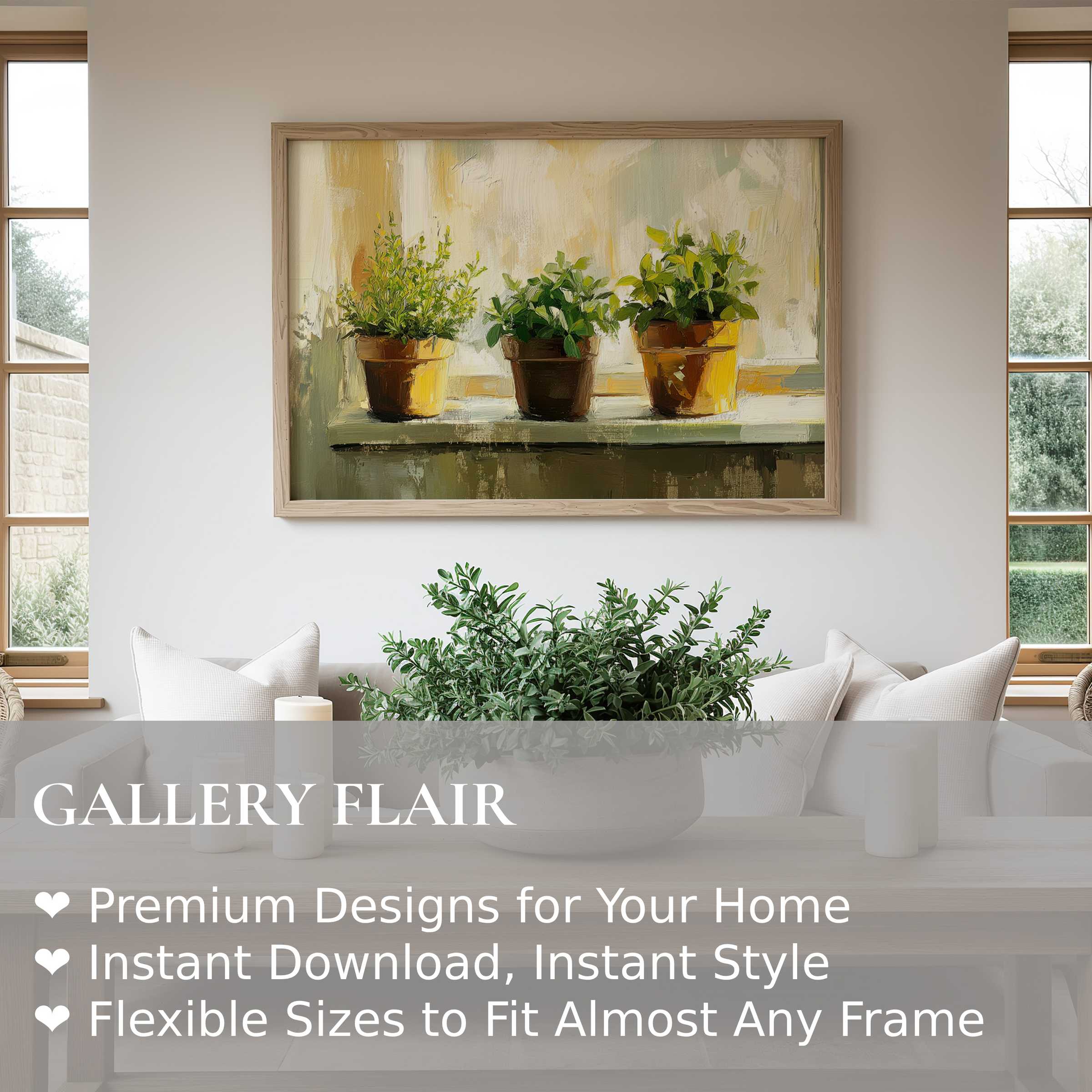 Botanical wall art print featuring serene potted herbs in earthy tones, enhancing modern minimalist interiors with warm, calming elegance