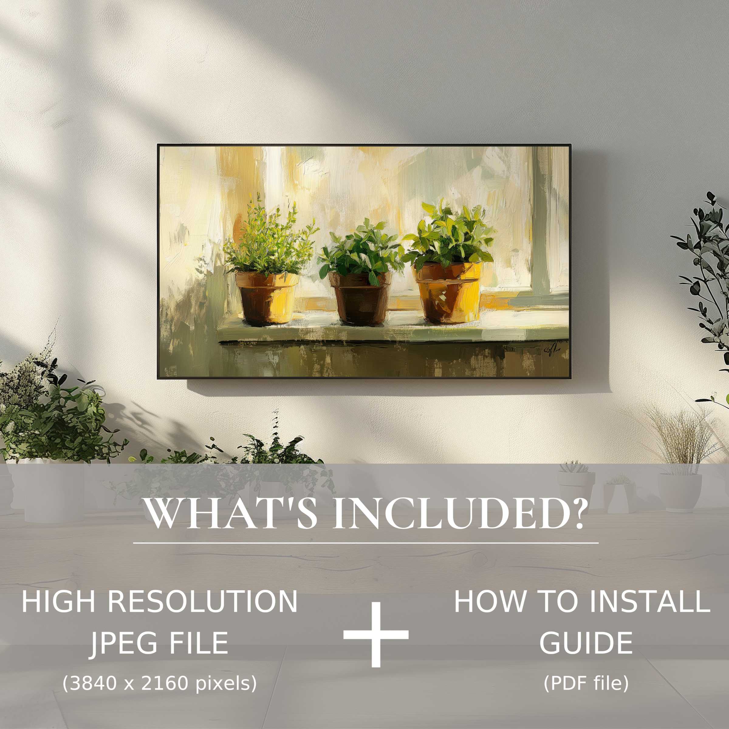 Elegant botanical digital TV art download of potted plants brightens interiors with easy digital use and modern charm