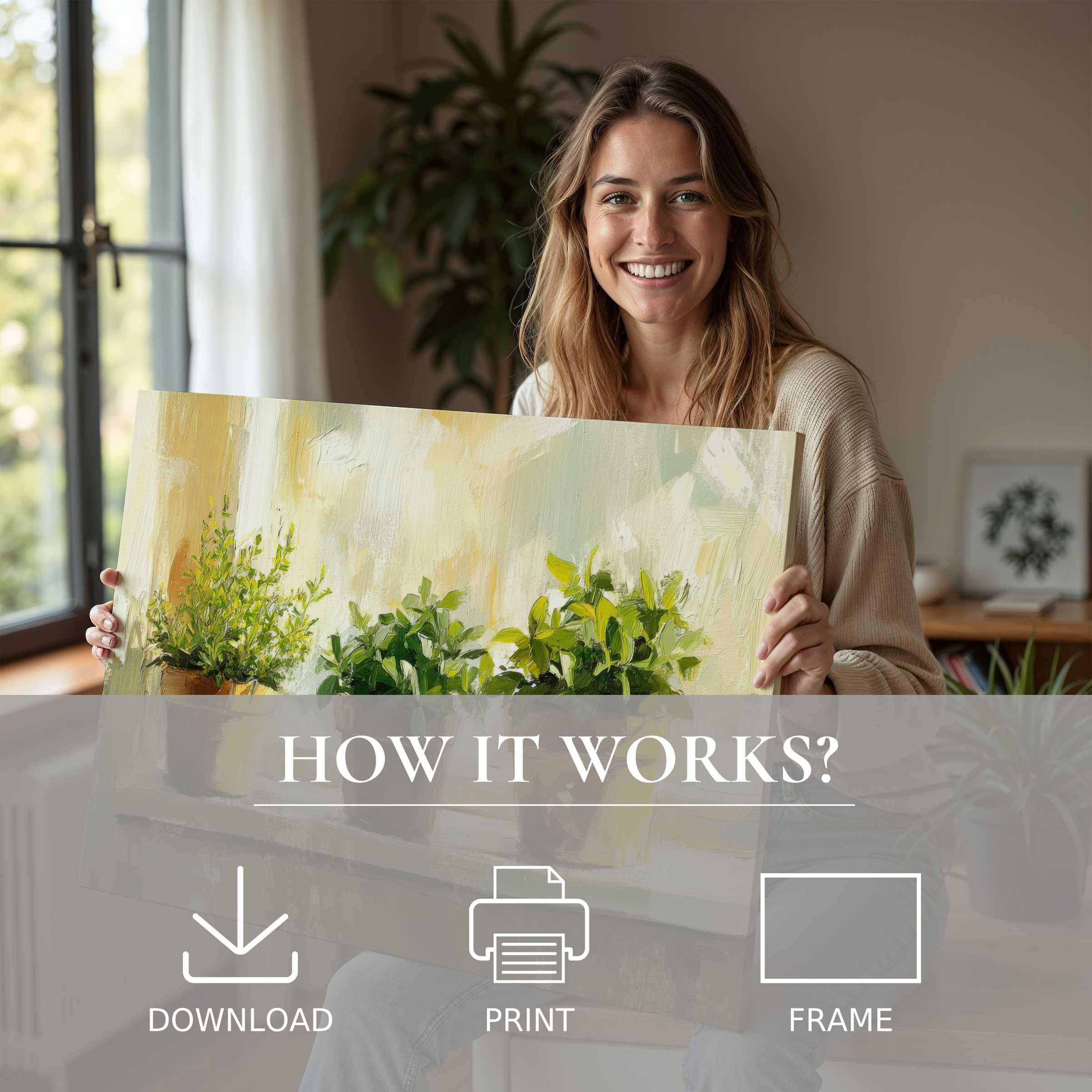 Woman in a sunlit room embracing a botanical digital art print, capturing serene joy and effortless elegance in modern home living