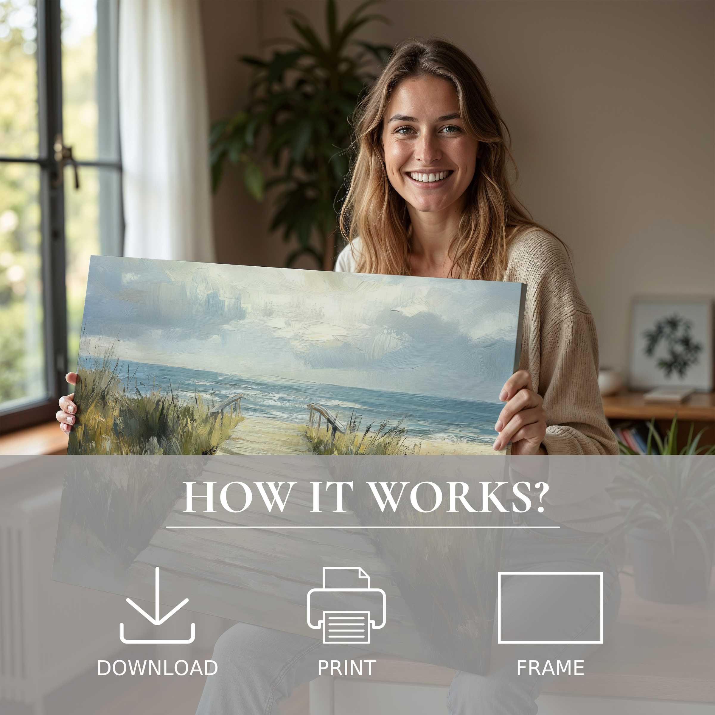 Serene beach digital art print embraced in a modern home, elevating everyday moments with tranquil, timeless beauty