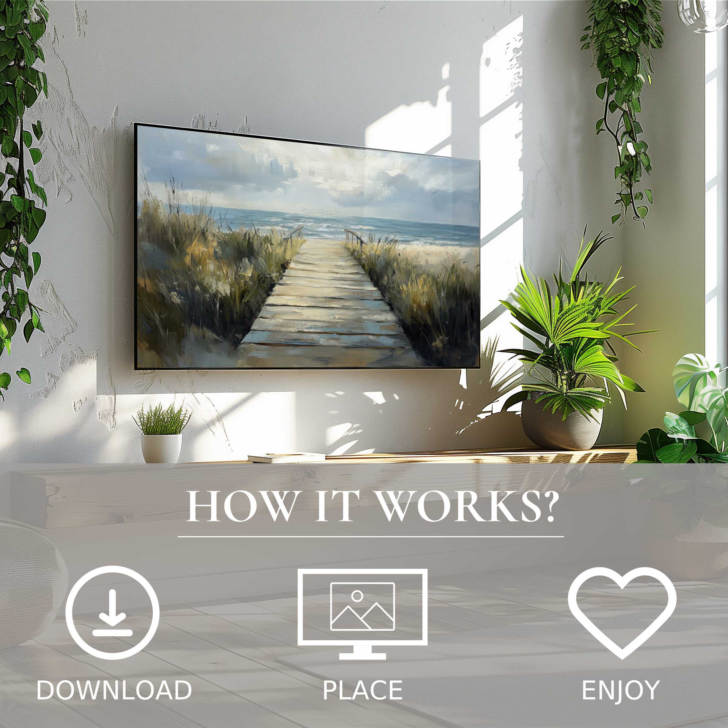 Beach art for Samsung TV showing a serene boardwalk in soft sunset tones, easy digital download to enrich living spaces