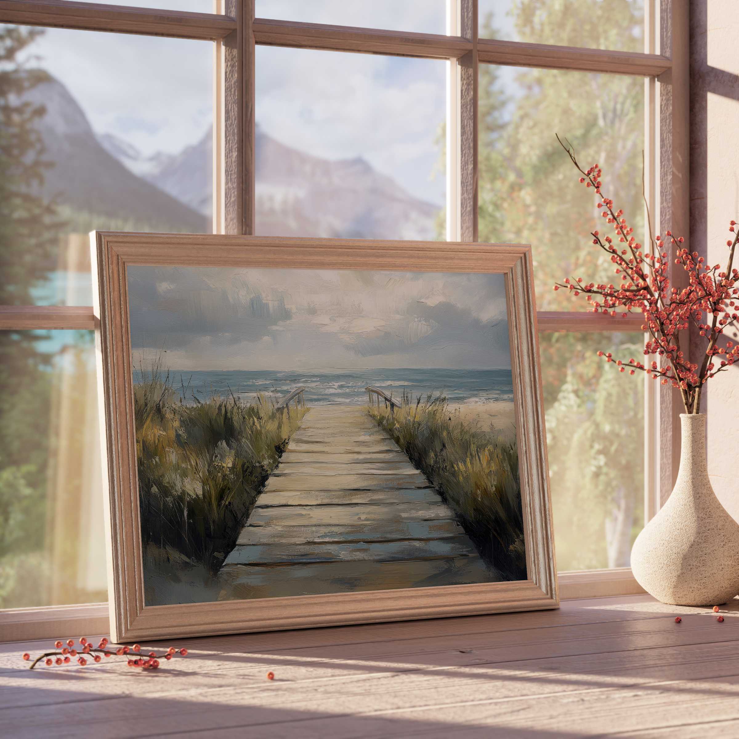 Serene beach downloadable art capturing a tranquil boardwalk, soft coastal hues, and calm waves for elegant, curated interiors