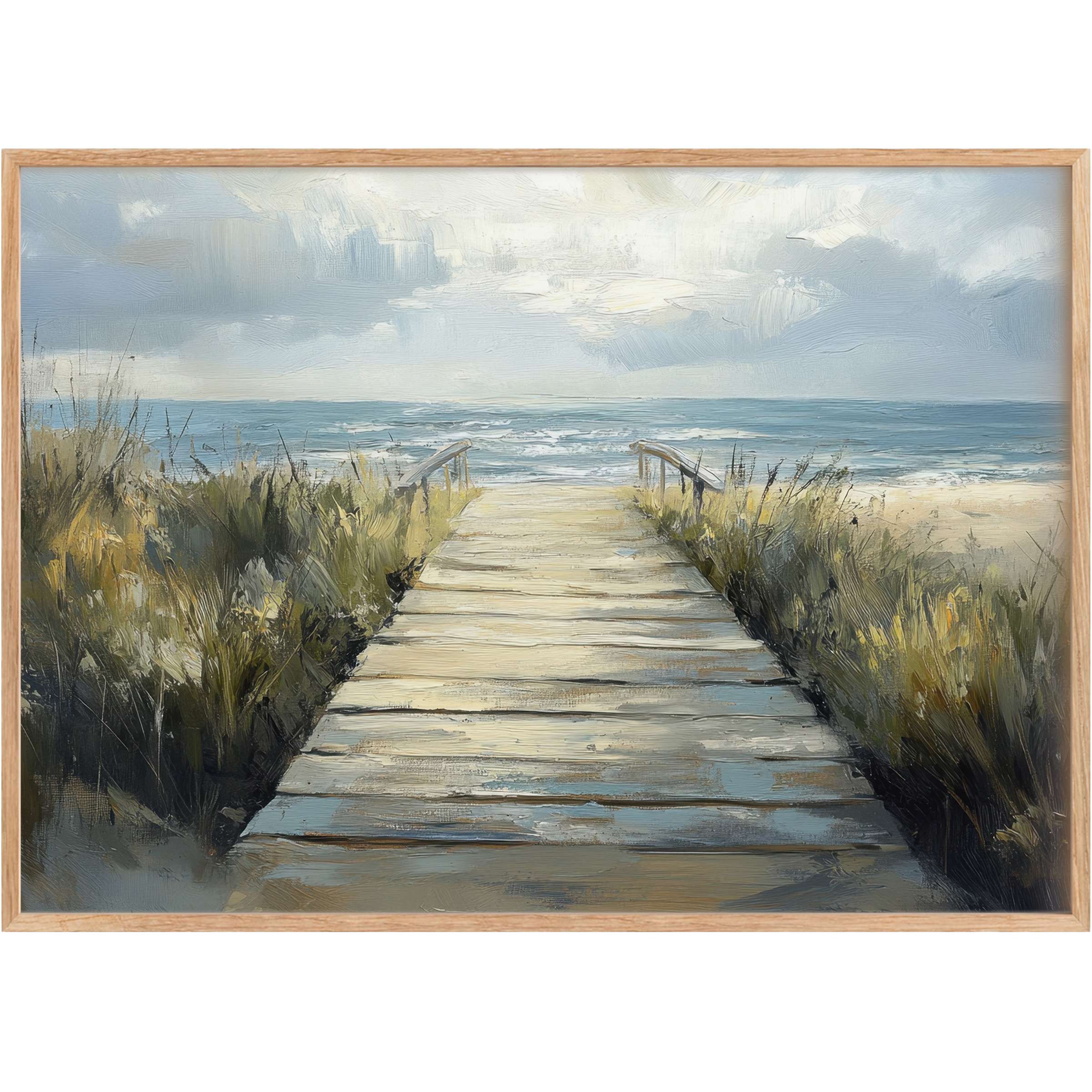 Serene beach printable wall art capturing a sunlit wooden path through golden dunes to a calming blue seascape