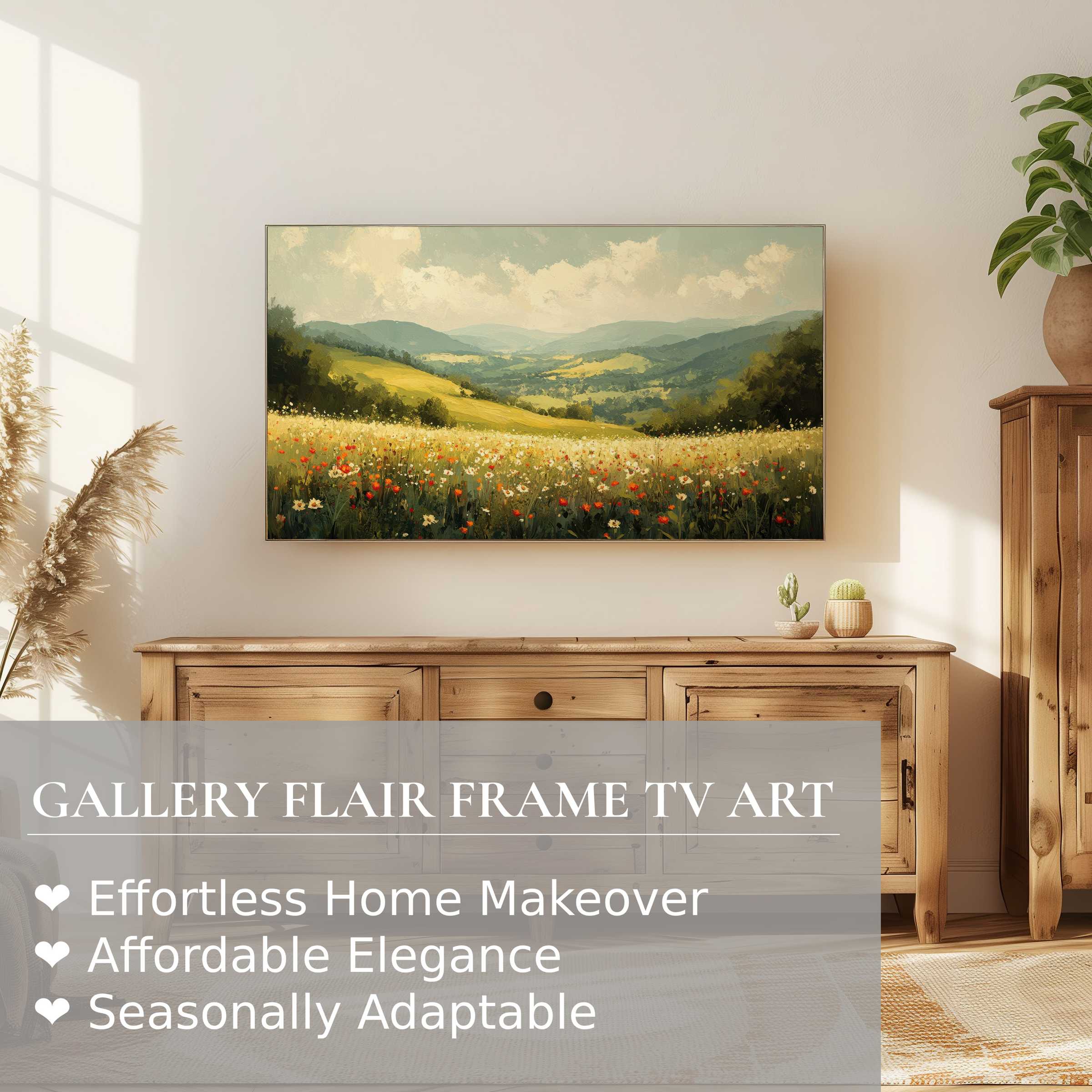 Samsung Frame TV showcasing refined landscape digital artwork in a sunlit, minimalist room with warm natural wood tones