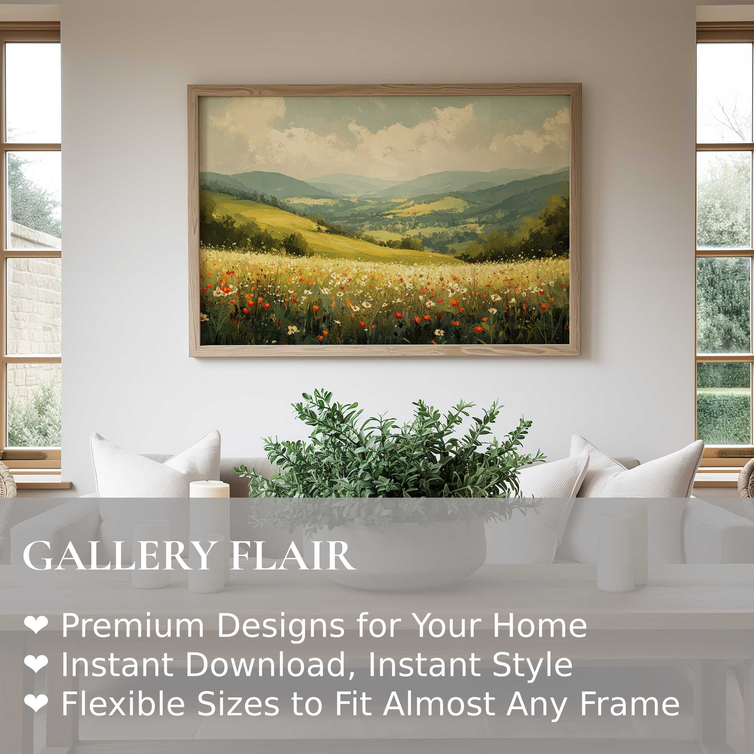 Serene landscape wall art print capturing sunlit rolling hills and wildflowers, enhancing modern minimalist interiors with a calming, natural elegance