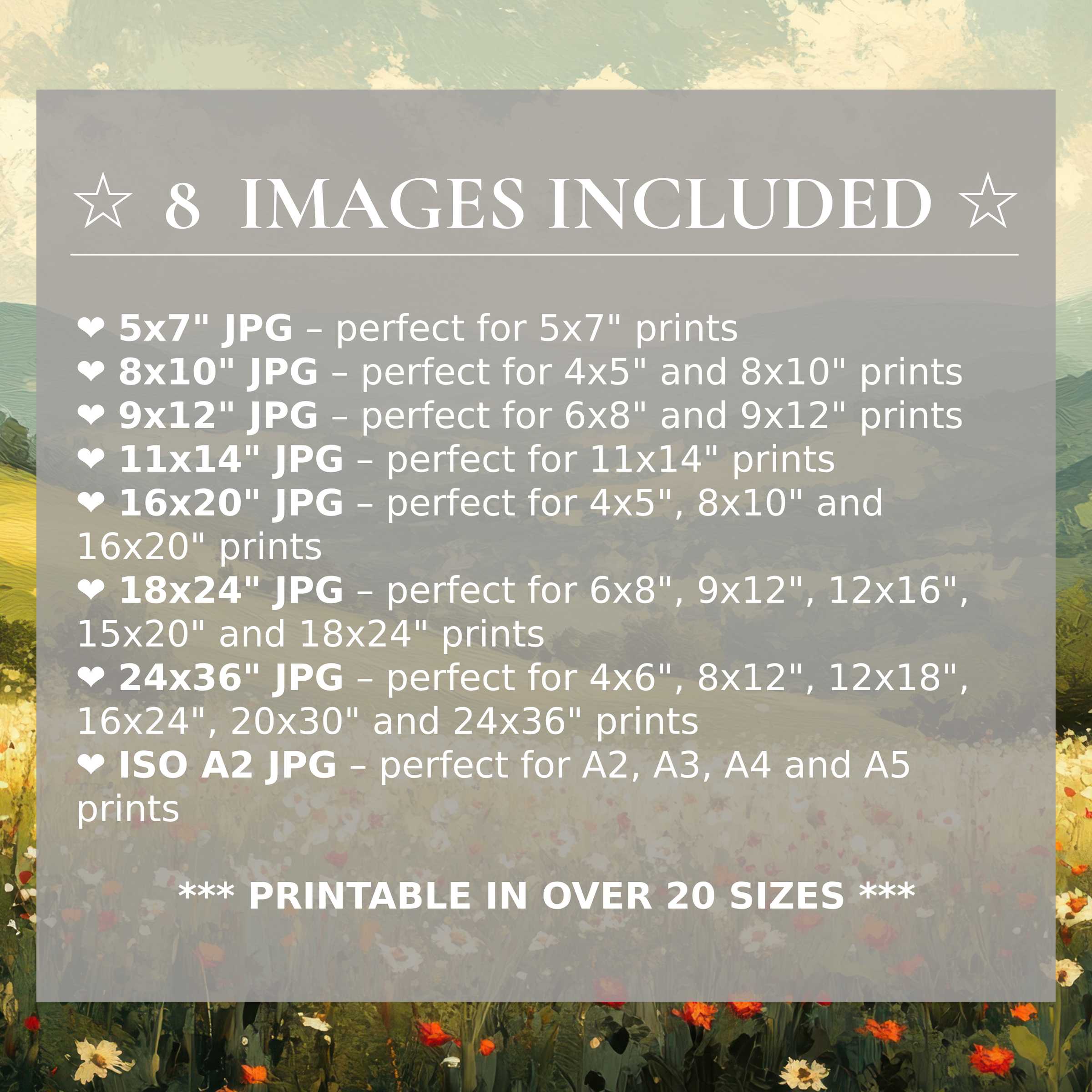 Radiant landscape digital print in soothing greens and warm golds, elevating modern interiors with style; includes 8 high-quality sizes