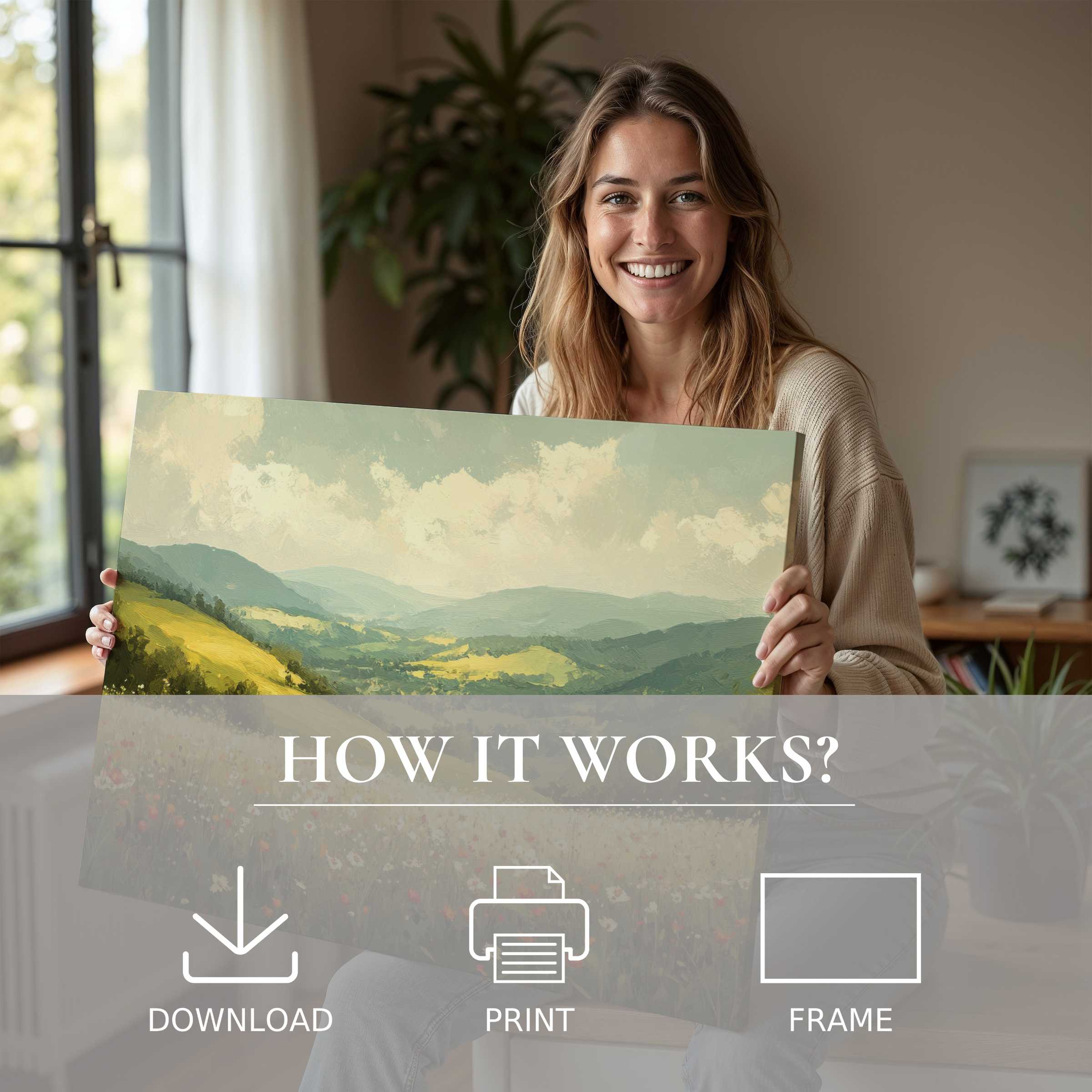 Smiling woman in a serene, modern home embraces a landscape digital art print, embodying joy and effortless elegance in living with art